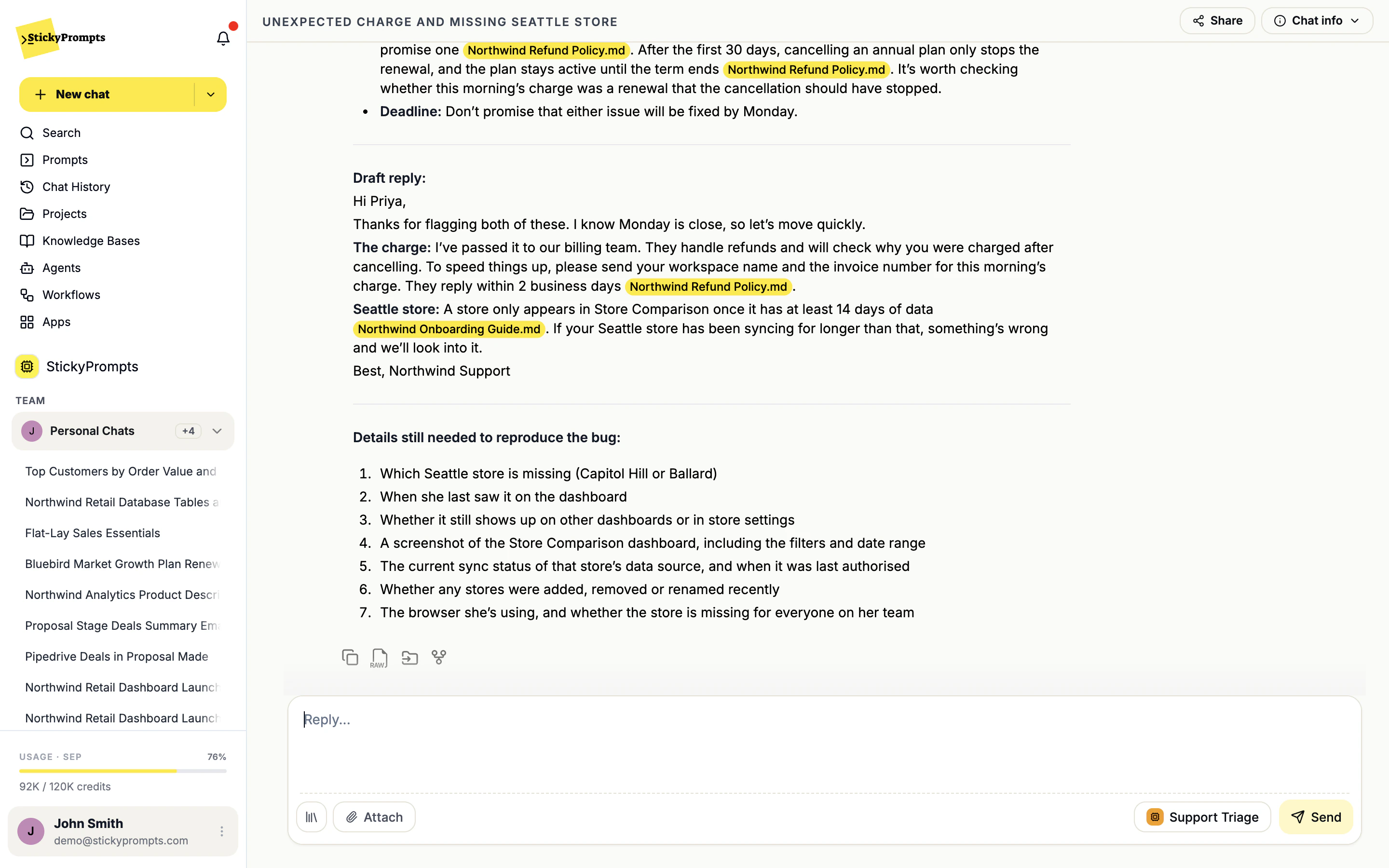 A reply from the Support Triage agent with citations to Northwind Refund Policy.md and Northwind Onboarding Guide.md