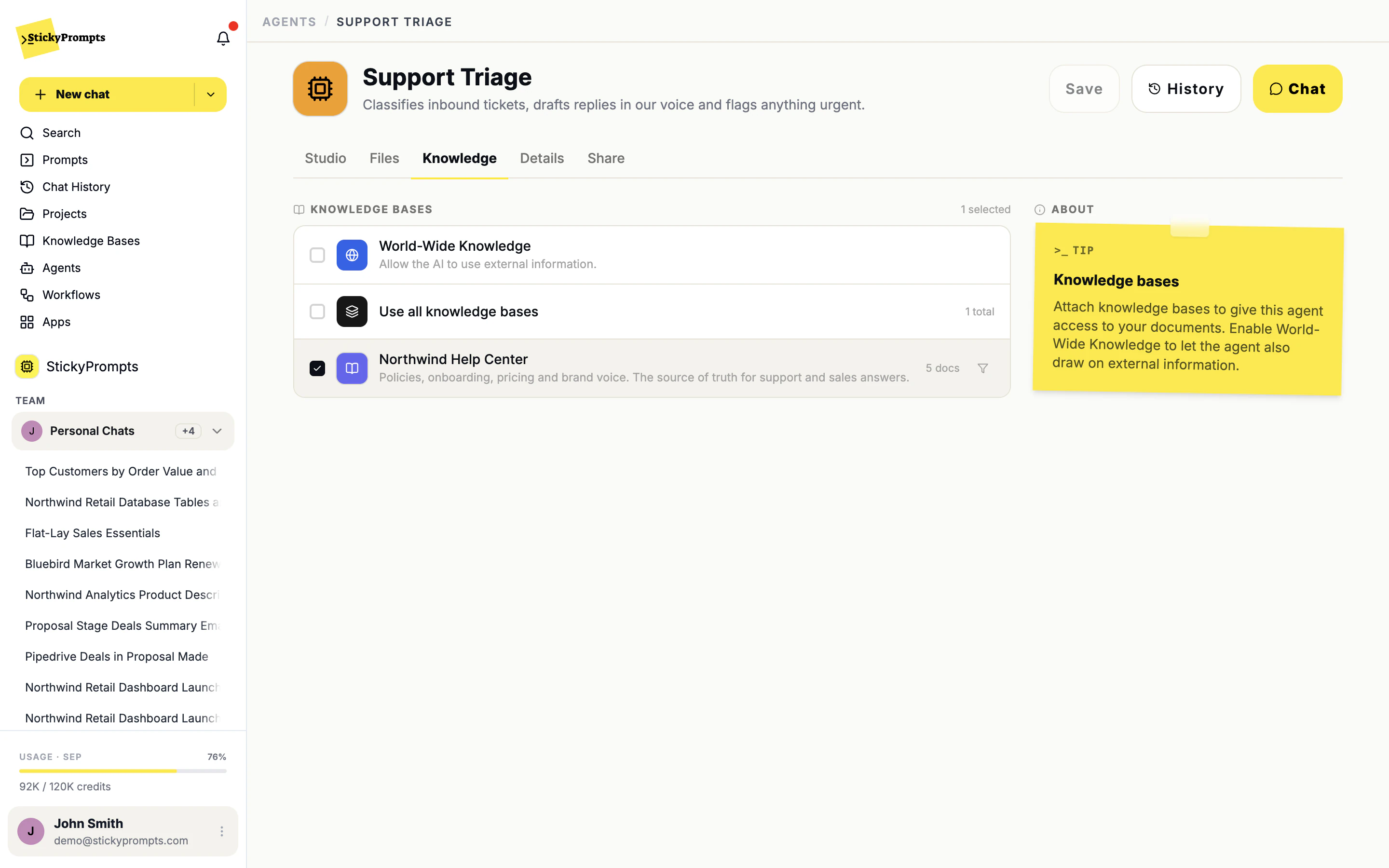 The Knowledge tab of an agent with the Northwind Help Center knowledge base available to attach