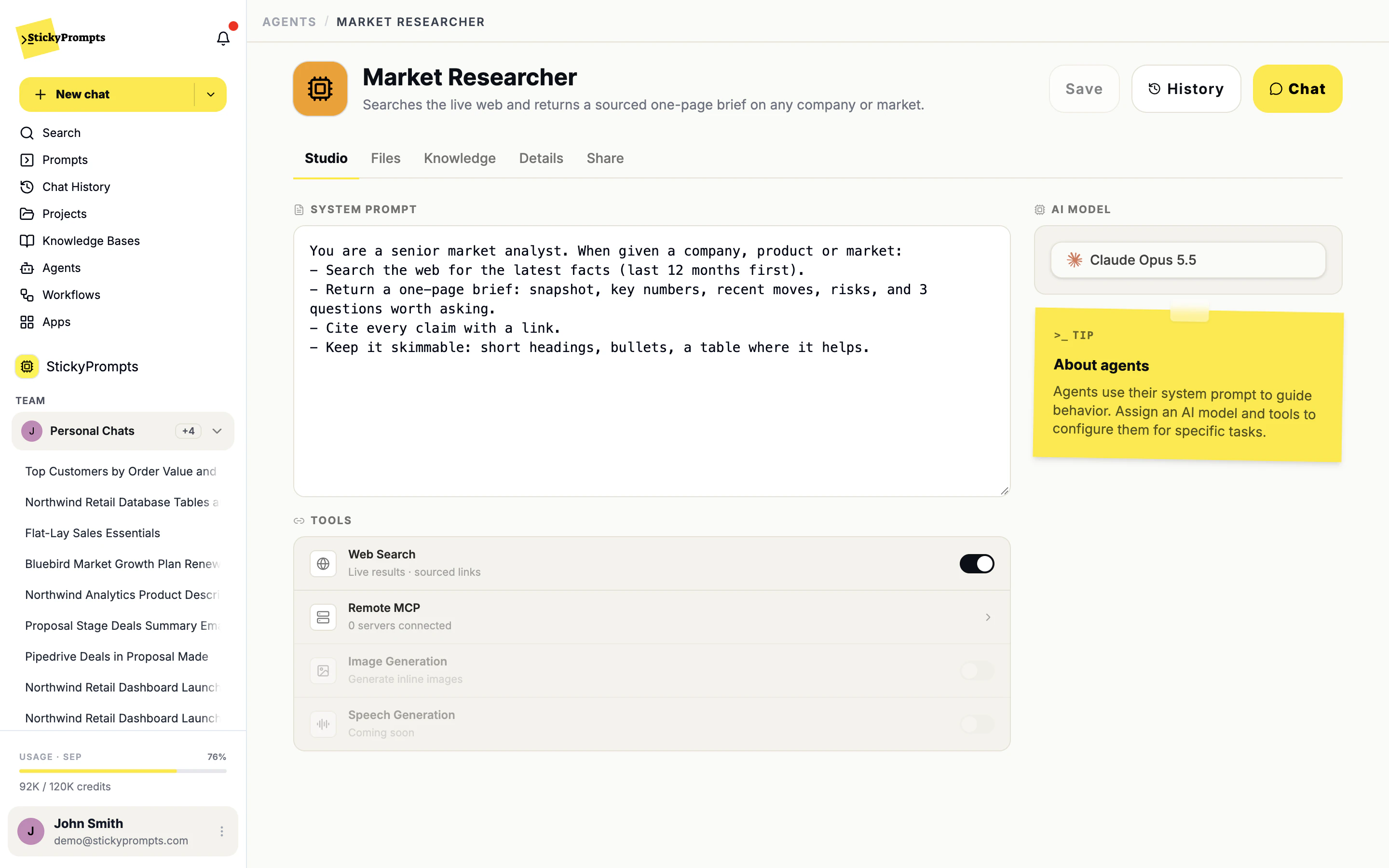 The agent Studio tab: system prompt, tools with Web Search switched on, and the AI model