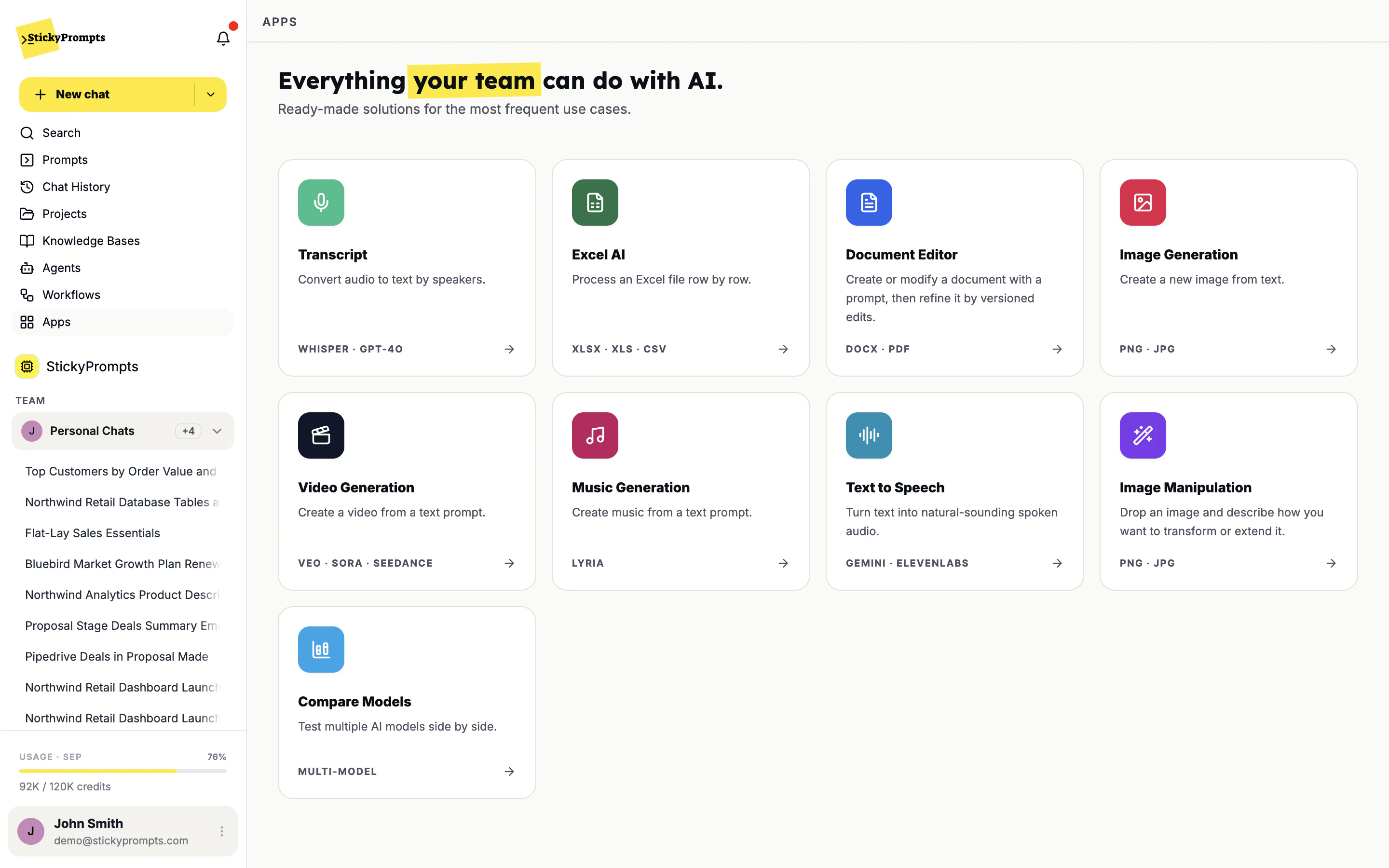 The Apps page: Transcript, Excel AI, Document Editor, Image Generation, Video Generation, Music Generation, Text to Speech, Image Manipulation and Compare Models