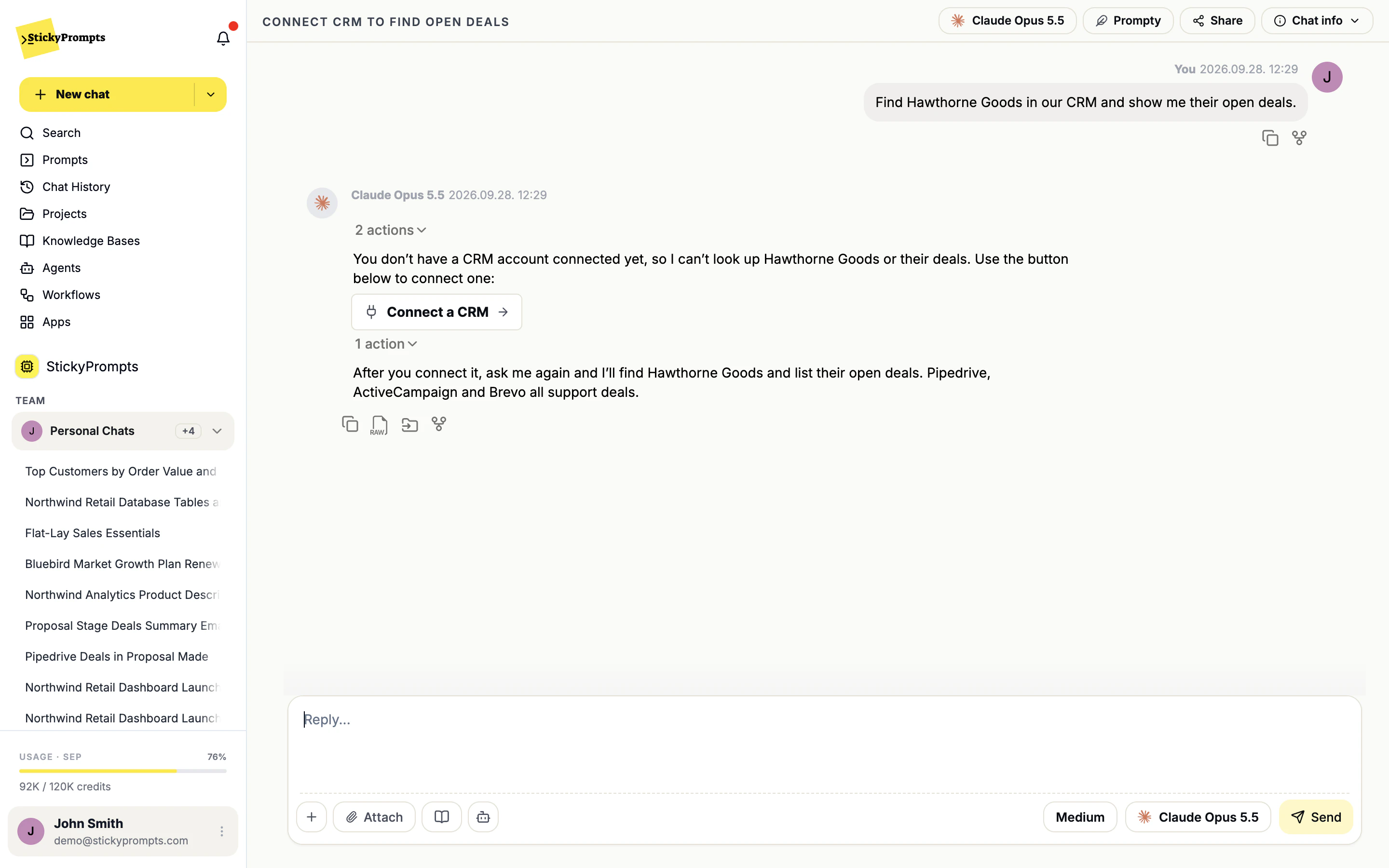 The AI replying that no CRM account is connected yet, with a Connect a CRM button and a note that Pipedrive, ActiveCampaign and Brevo all support deals