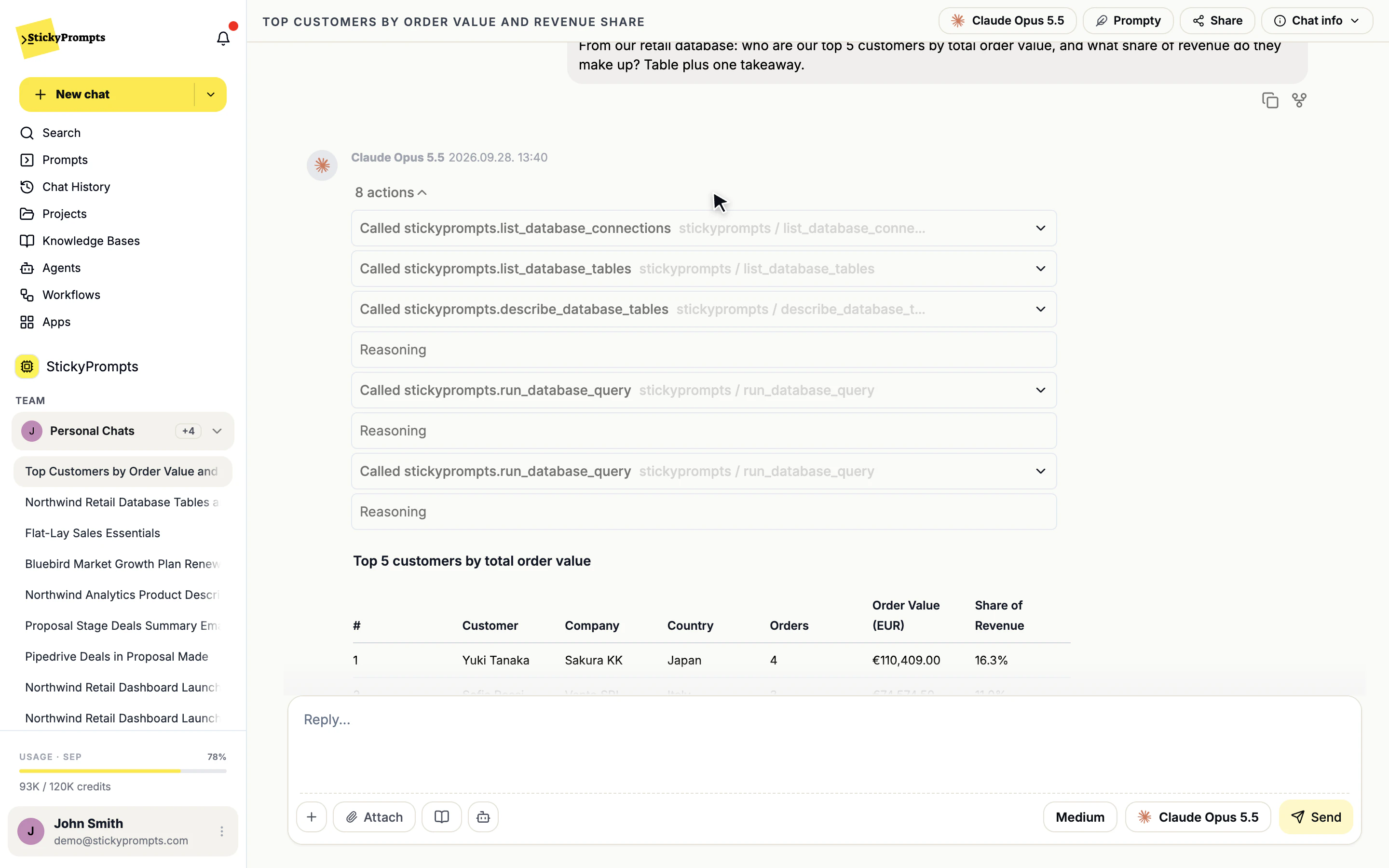 A chat answer from the Northwind retail database with 8 actions expanded: list database connections, list and describe tables, reasoning and two database queries, followed by a top 5 customers table