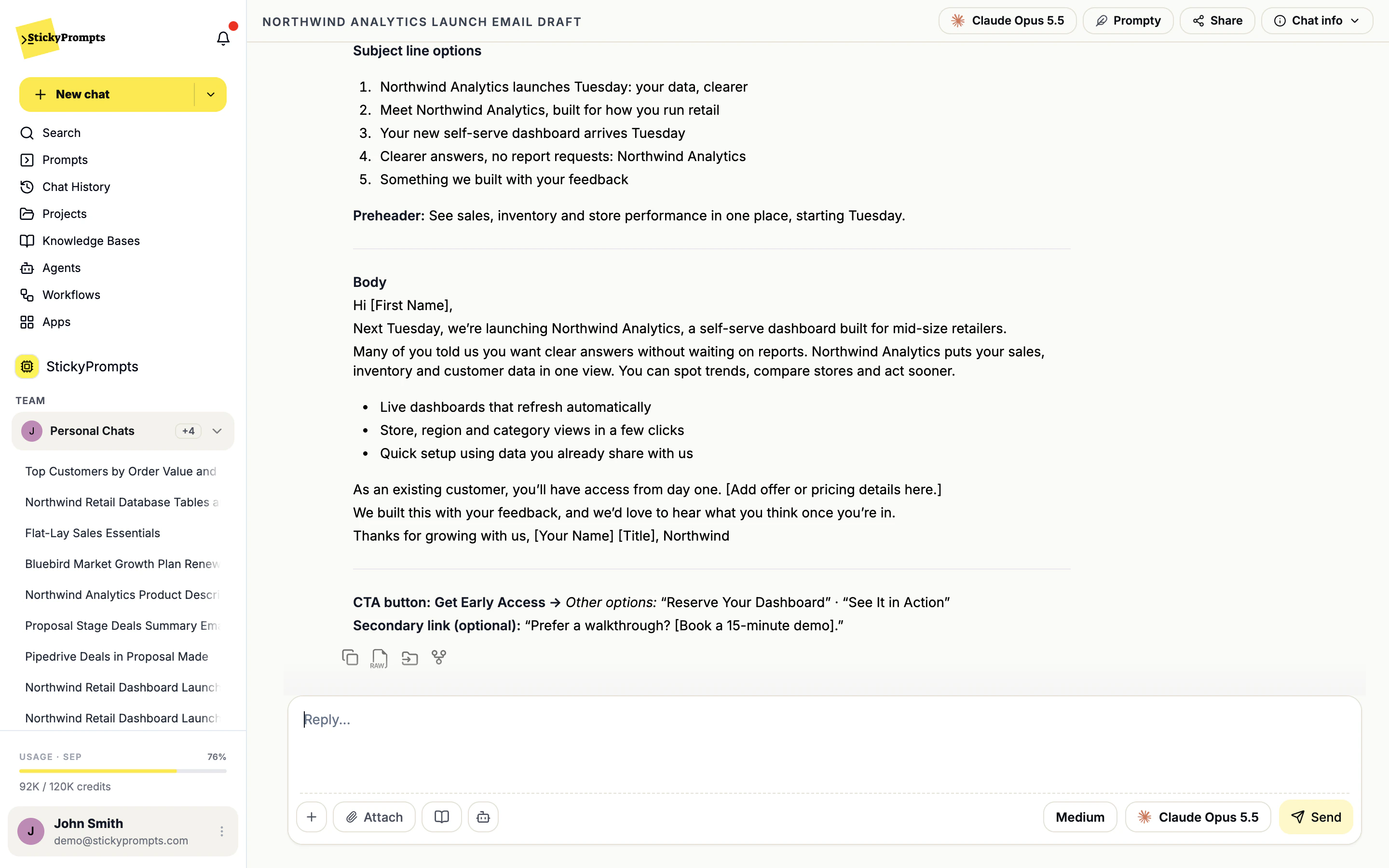A finished chat with Claude Opus 5.5: the launch email draft, the action icons under the reply, and Share and Chat info in the header