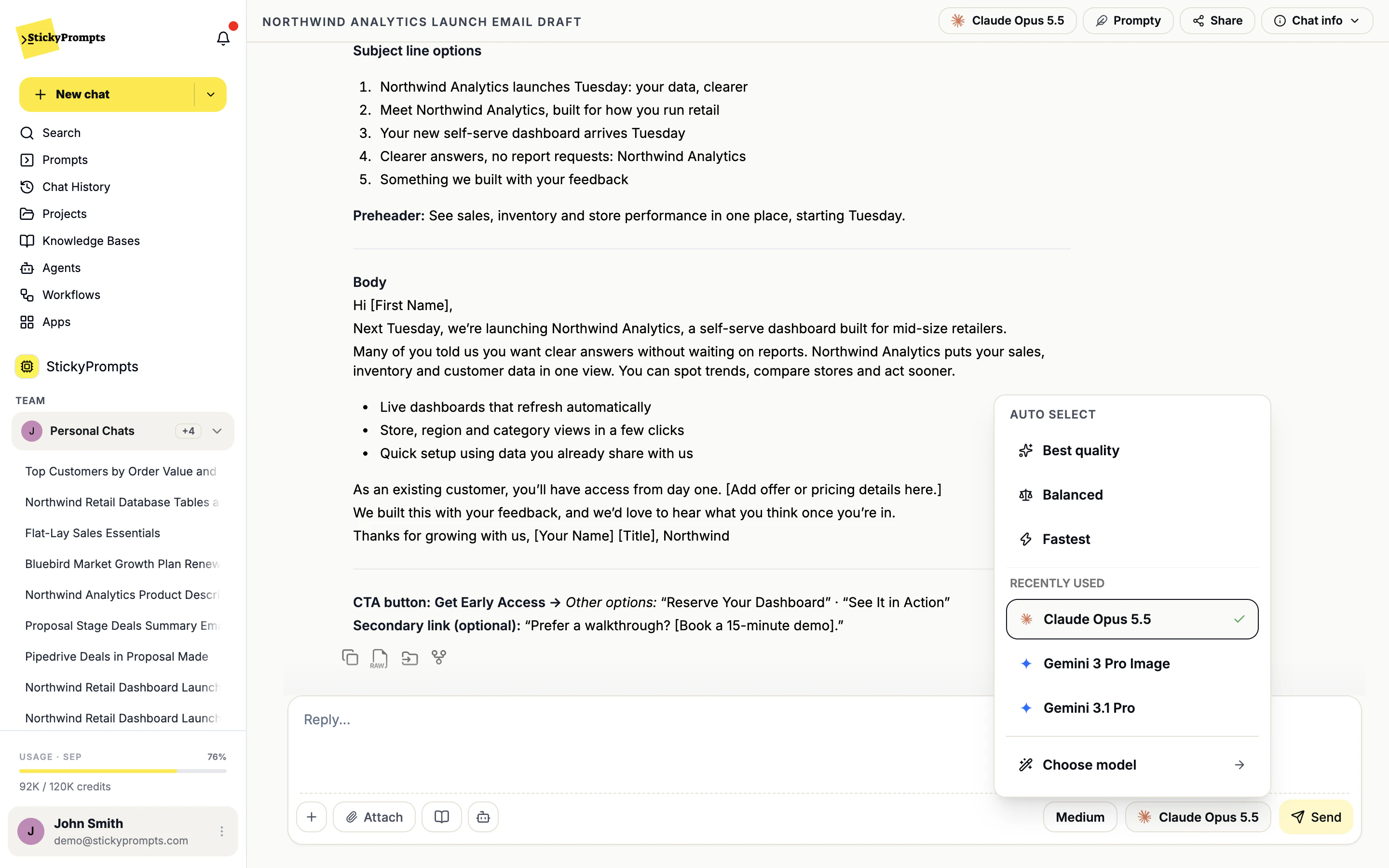 The model menu above the composer: Auto select (Best quality, Balanced, Fastest), Recently used, and Choose model