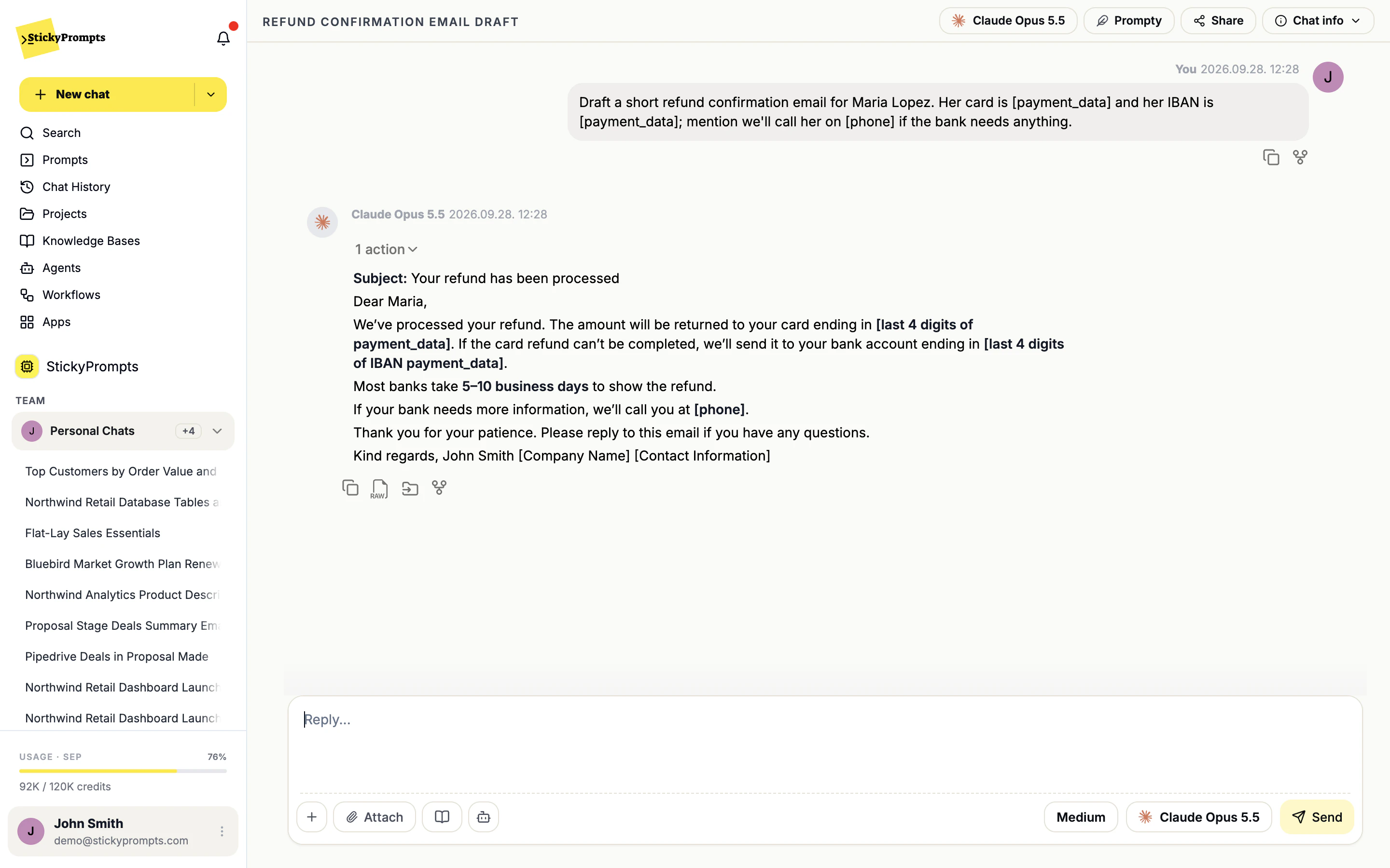 A chat where the user's card number, IBAN and phone number were replaced by [payment_data] and [phone] before reaching Claude Opus 5.5, and the drafted email refers to the placeholders