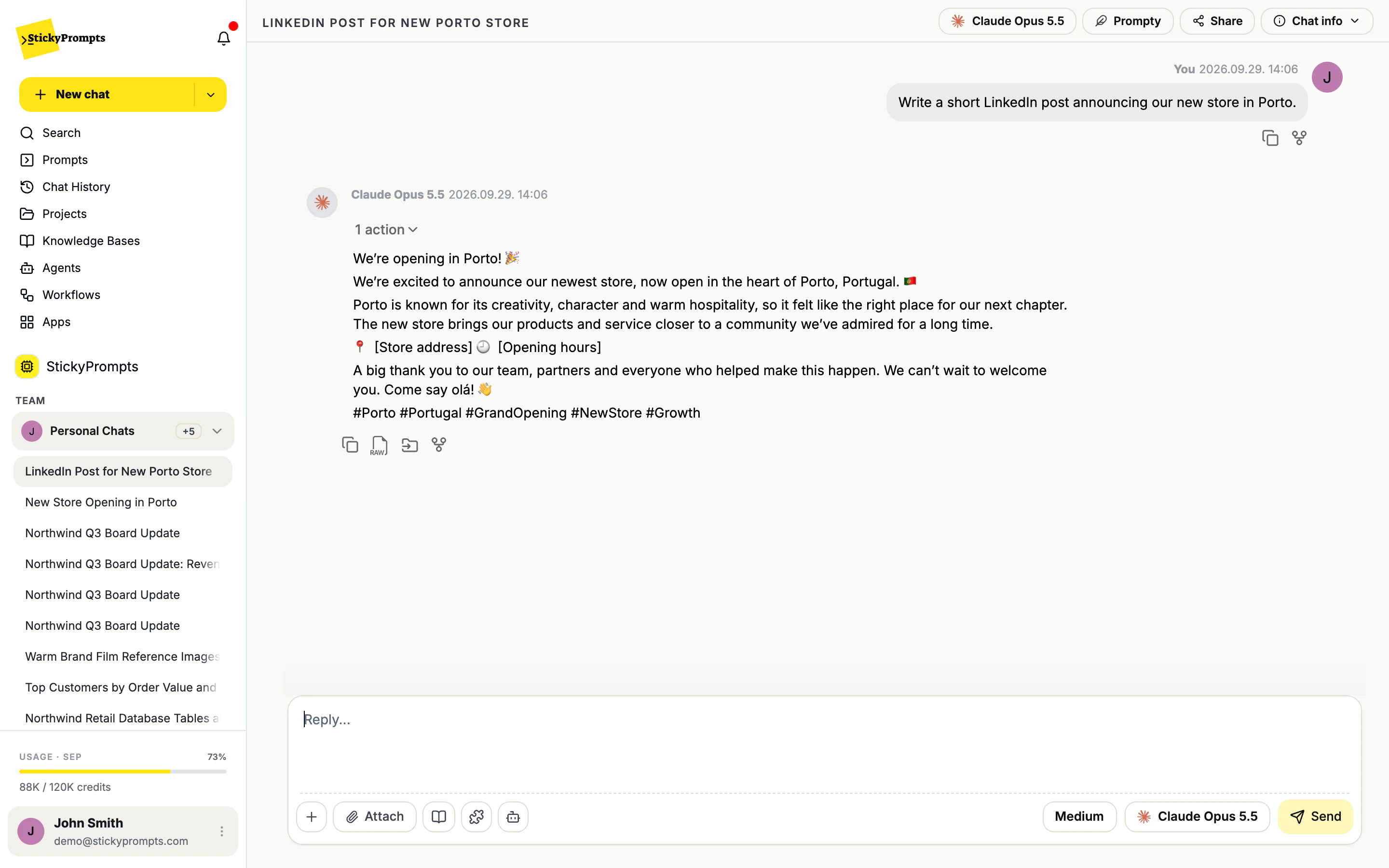 The LinkedIn post written without snippets: exclamation marks, emojis, [Store address] and [Opening hours] placeholders and generic hashtags