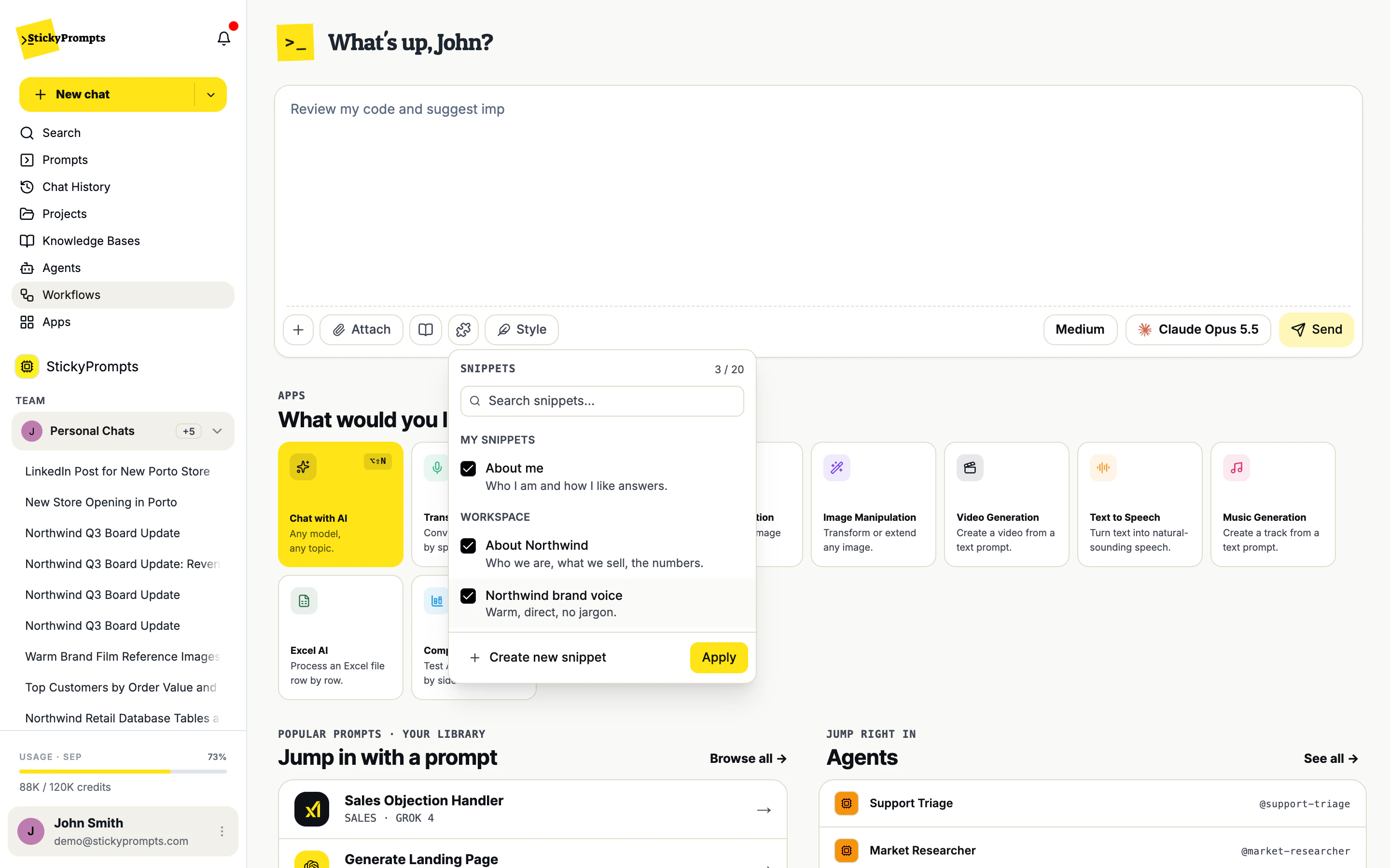The Snippets picker open under the composer: 3 of 20 selected, About me under MY SNIPPETS, About Northwind and Northwind brand voice under WORKSPACE, all ticked, with Create new snippet and Apply