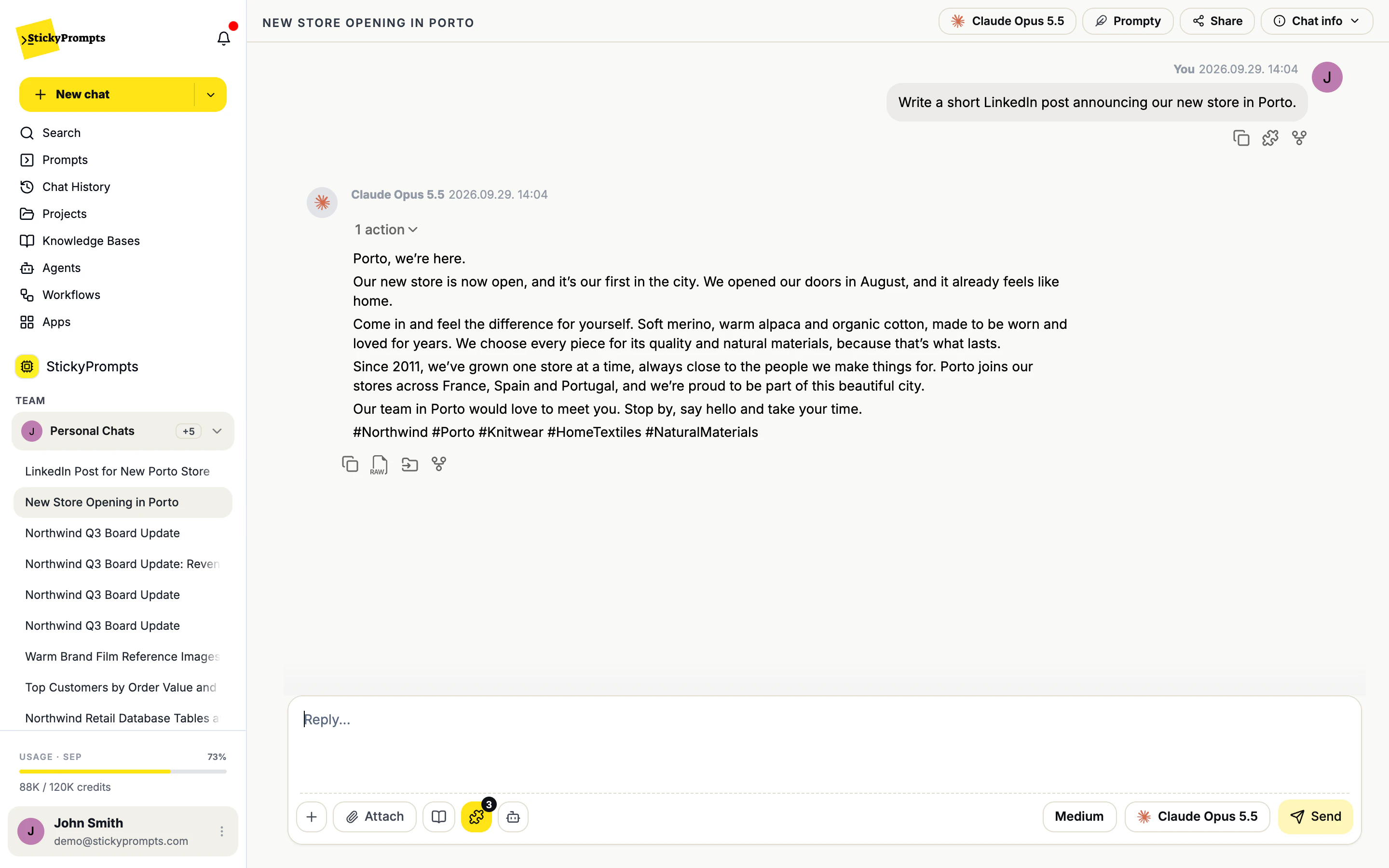 The same prompt answered with three snippets on: a warm post in Northwind's voice mentioning merino, alpaca and organic cotton, 2011 and the stores in France, Spain and Portugal, with a puzzle icon under the user message and a badge of 3 on the reply composer
