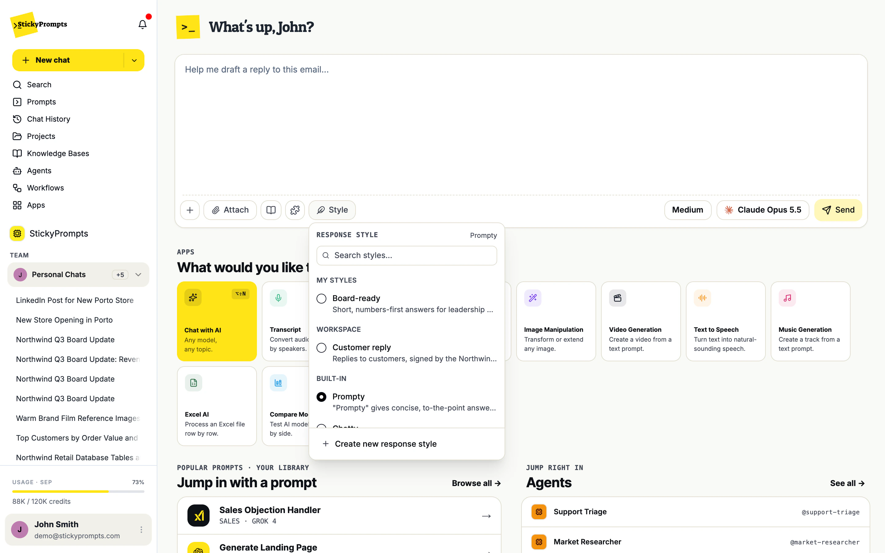 The Style picker open under the composer: RESPONSE STYLE with Prompty on the right, a search box, Board-ready under MY STYLES, Customer reply under WORKSPACE, Prompty (selected) and Chatty under BUILT-IN, and Create new response style