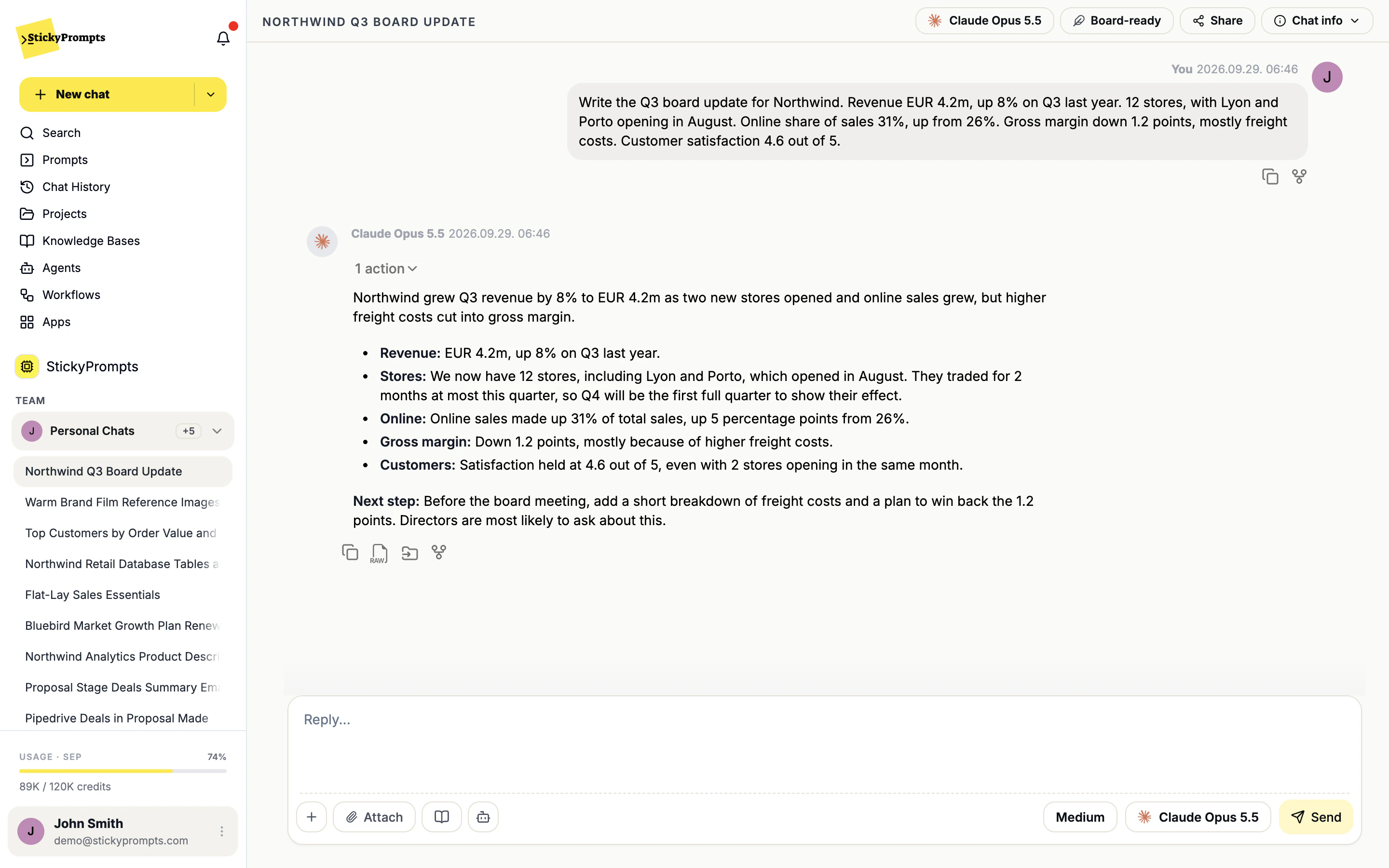 A Northwind Q3 board update written by Claude Opus 5.5 in the Board-ready style: a one-sentence lead, five bullets with numbers and a next step, with Board-ready shown in the chat header