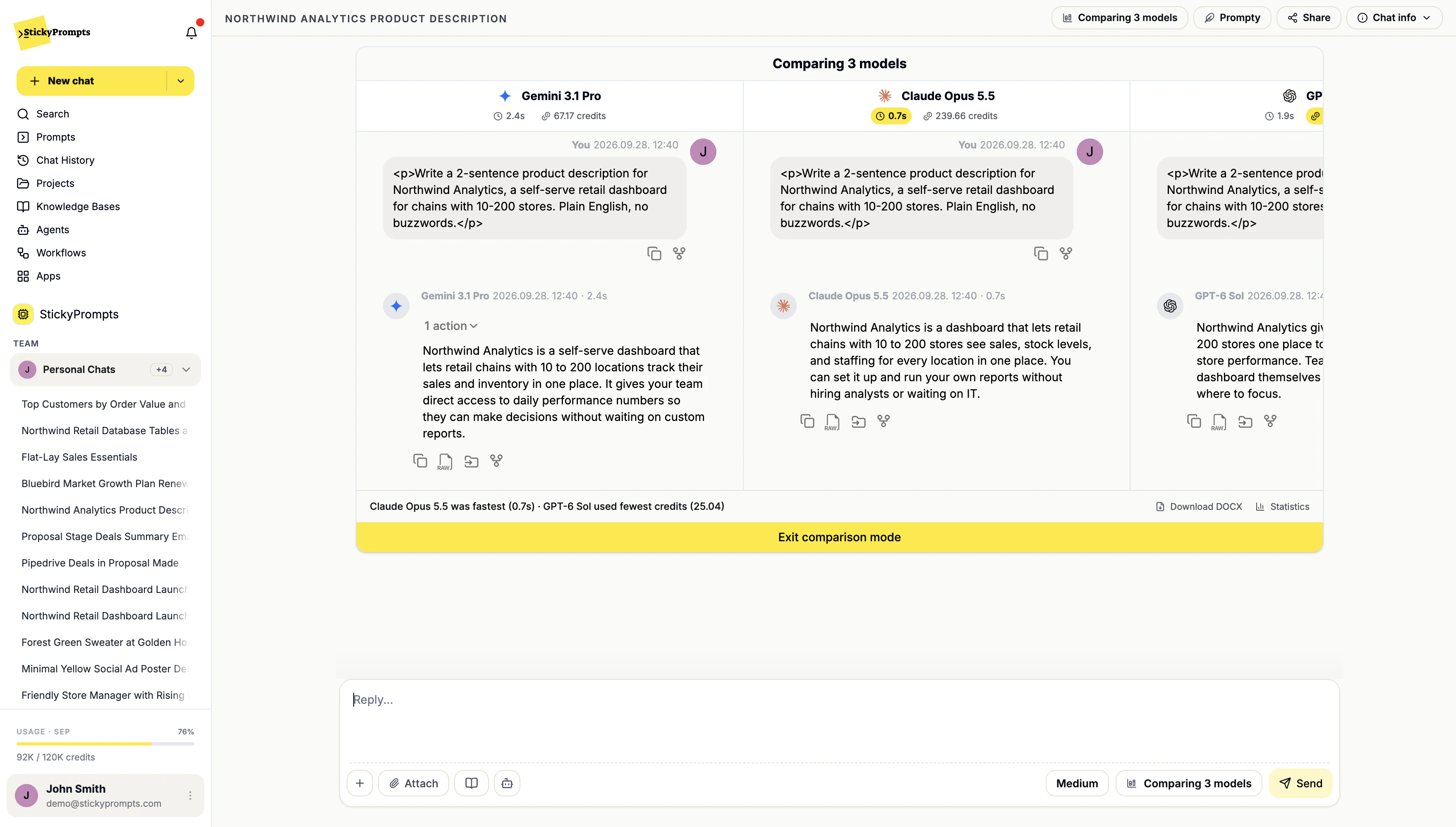 Three models compared side by side: Gemini 3.1 Pro, Claude Opus 5.5 and GPT-6 Sol, each with response time and credits, a summary line, Download DOCX, Statistics and Exit comparison mode