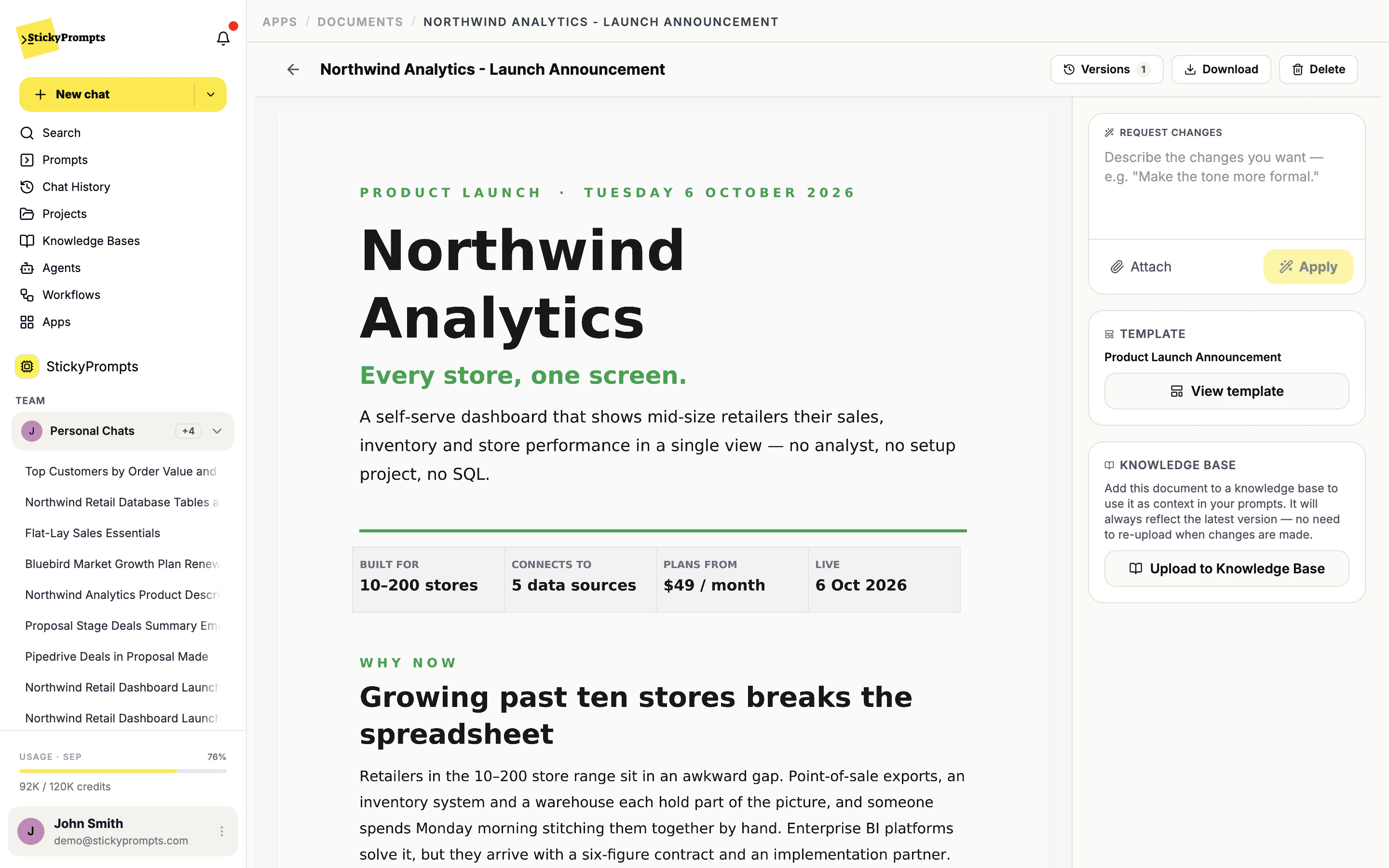 The Northwind Analytics launch announcement in the document editor with Versions, Download, Request changes, Template and Upload to Knowledge Base