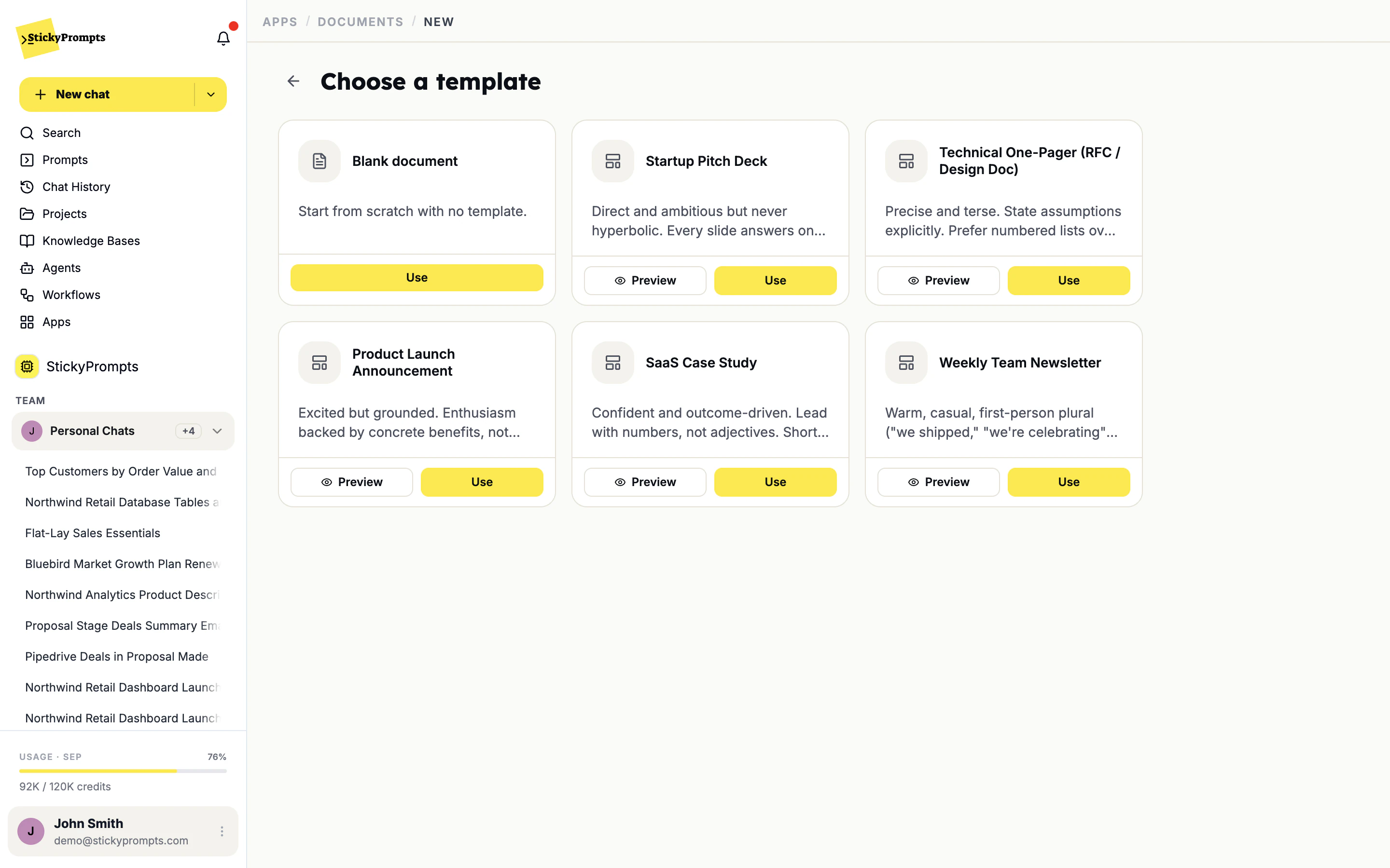 Choose a template: Blank document, Startup Pitch Deck, Technical One-Pager, Product Launch Announcement, SaaS Case Study and Weekly Team Newsletter