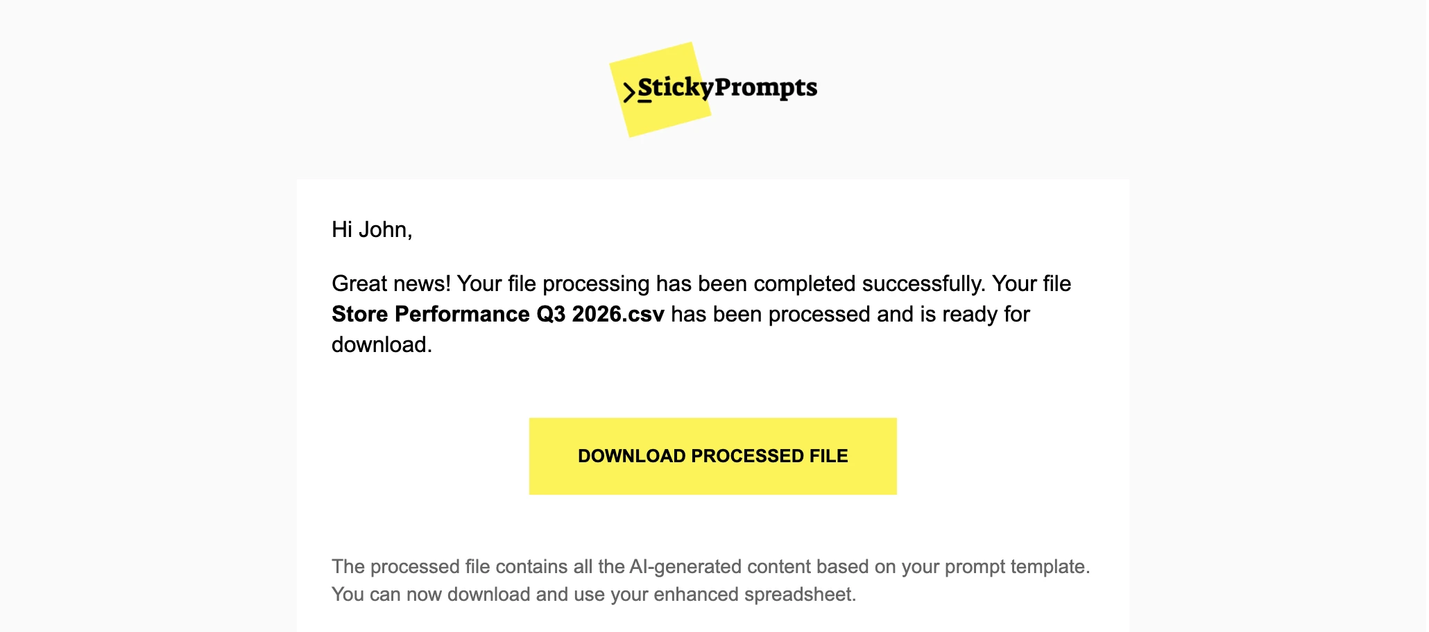 The 'Your file processing is complete' email for Store Performance Q3 2026.csv with a Download processed file button