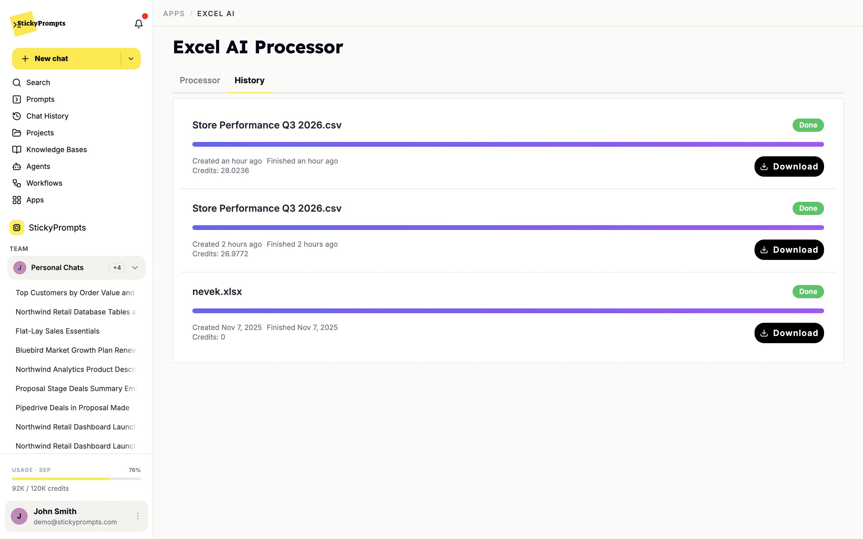 The Excel AI History tab with processed files marked Done, their credits and Download buttons