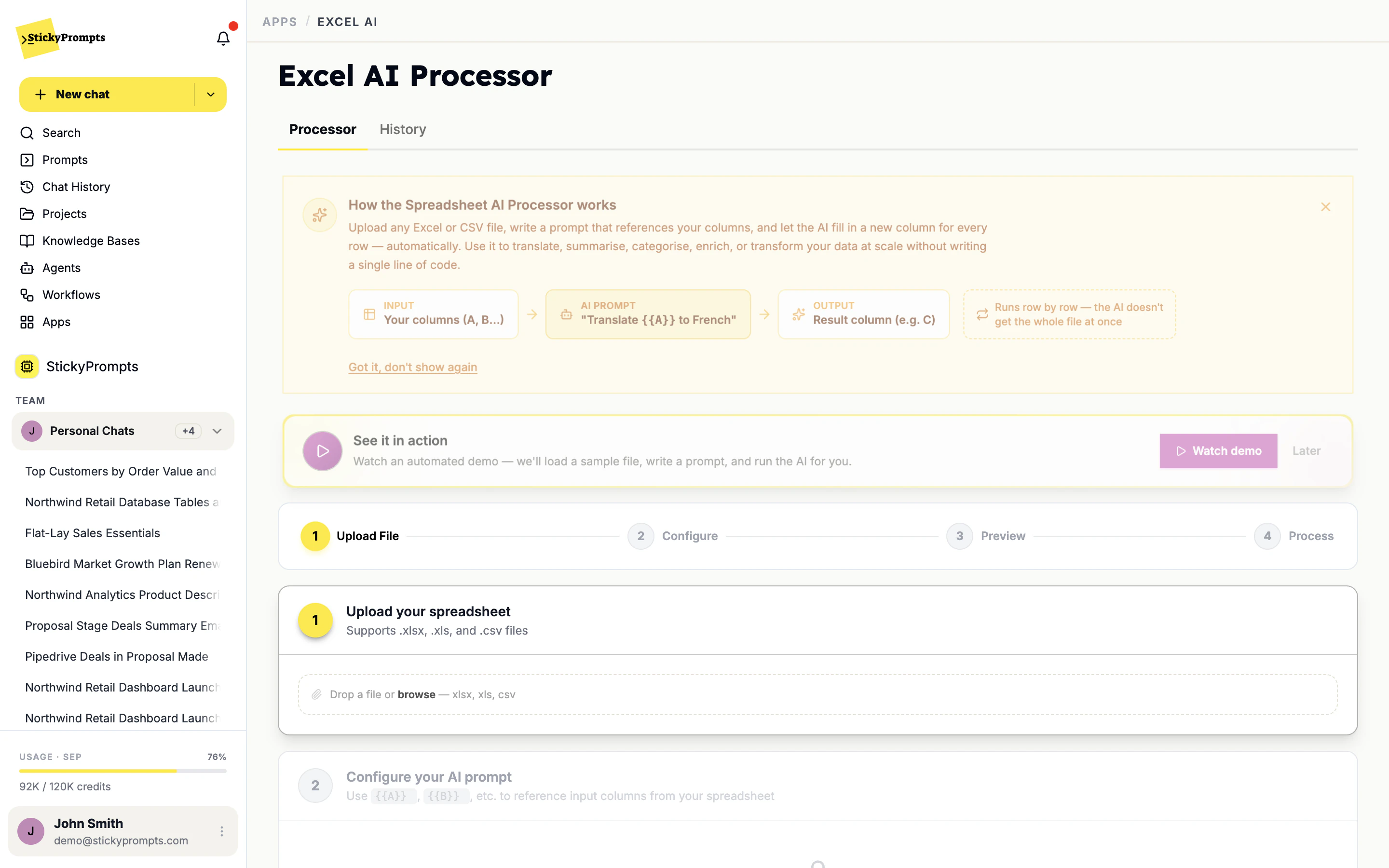 The Excel AI Processor: an explainer of input columns, AI prompt and output column, and the four steps Upload File, Configure, Preview and Process
