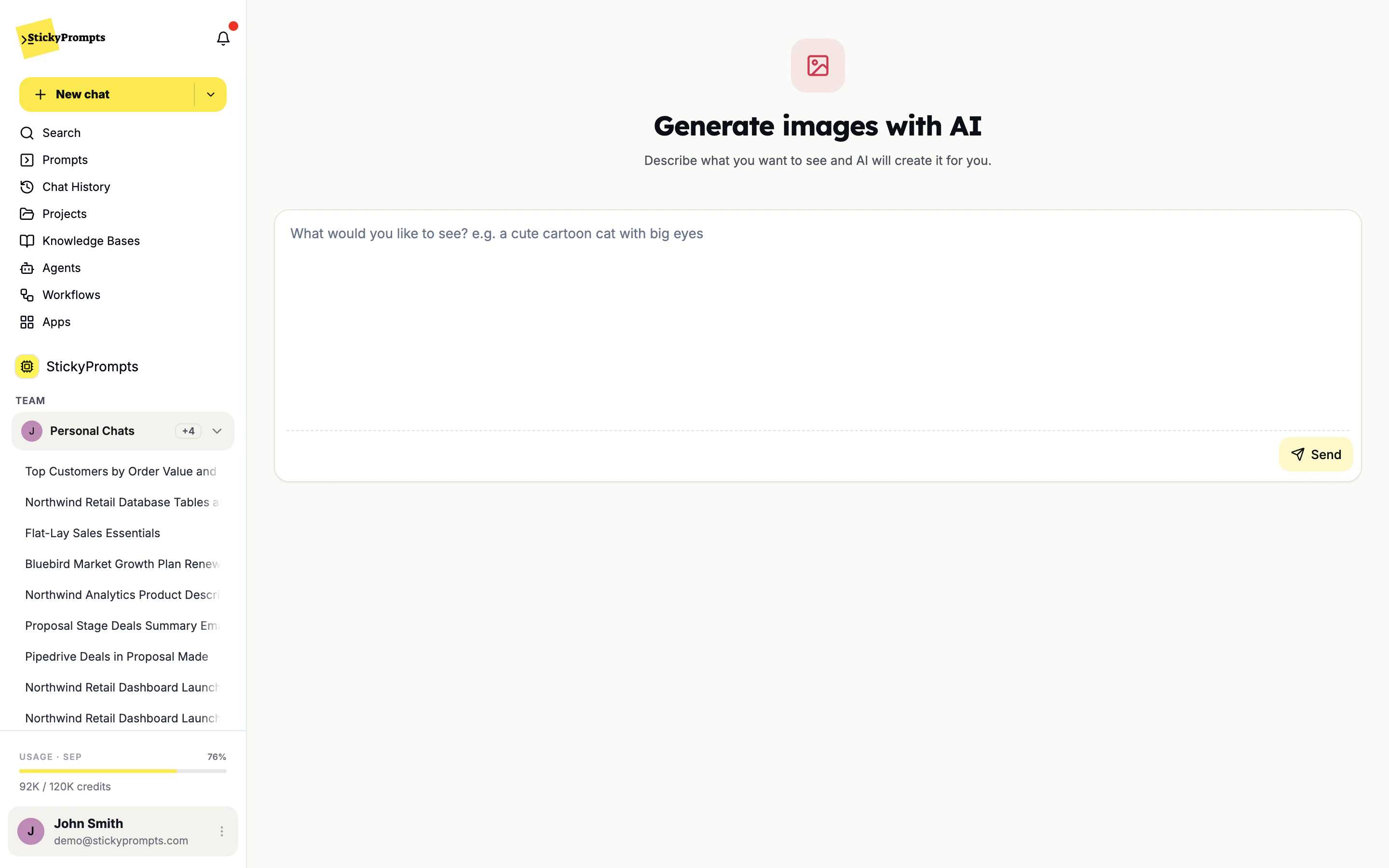 The Generate images with AI composer with a prompt box and a Send button