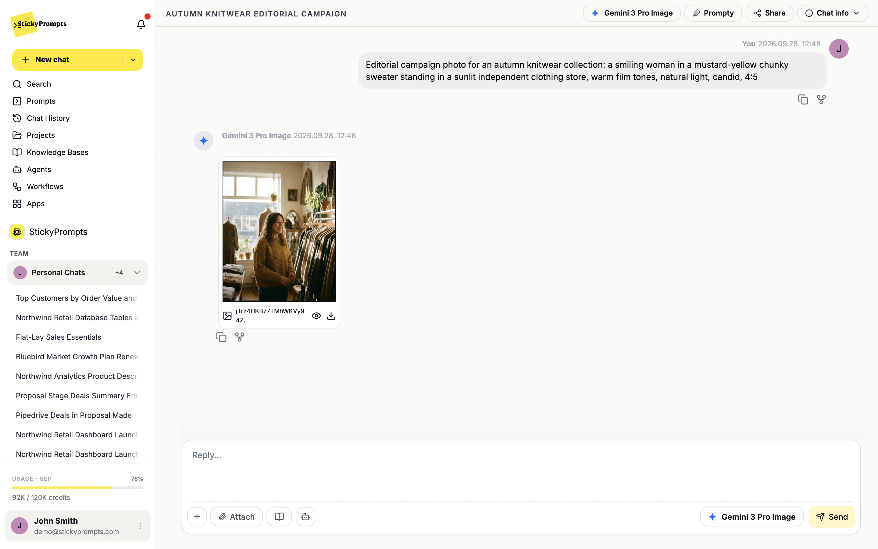 A chat where Gemini 3 Pro Image returned an editorial photo of a woman in a mustard-yellow sweater in a clothing store