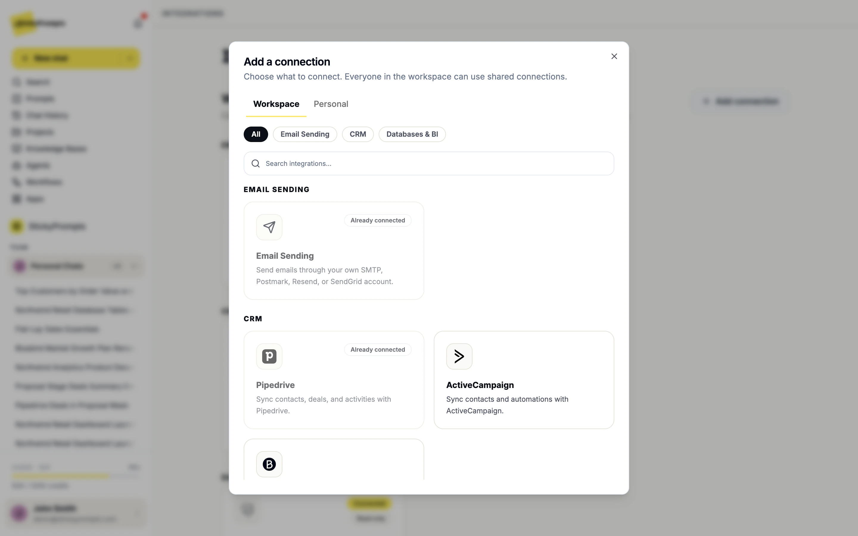 The Email Sending card in the Add a connection dialog, listing SMTP, Postmark, Resend and SendGrid