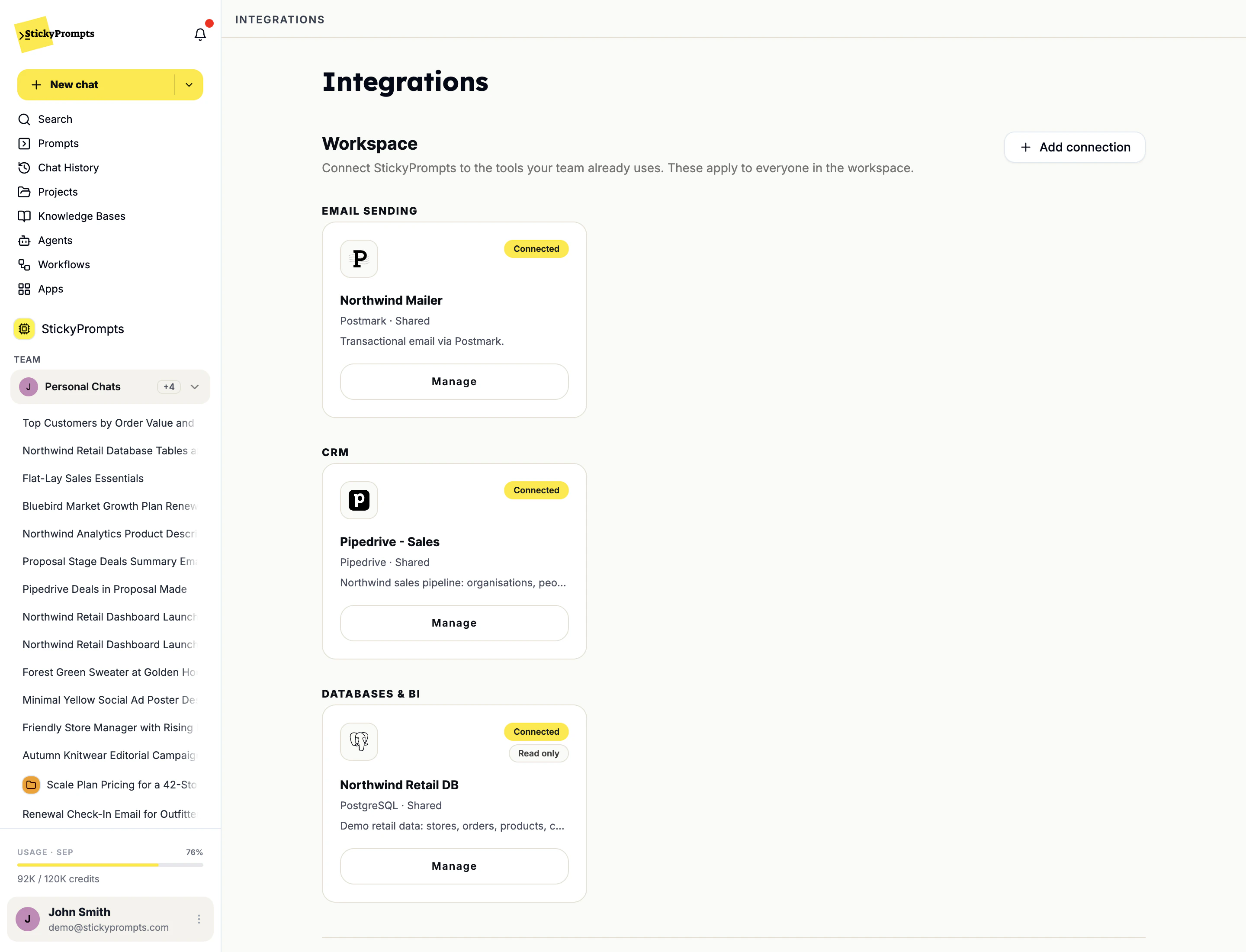 The Email Sending section of the Integrations page showing Northwind Mailer, a shared Postmark connection