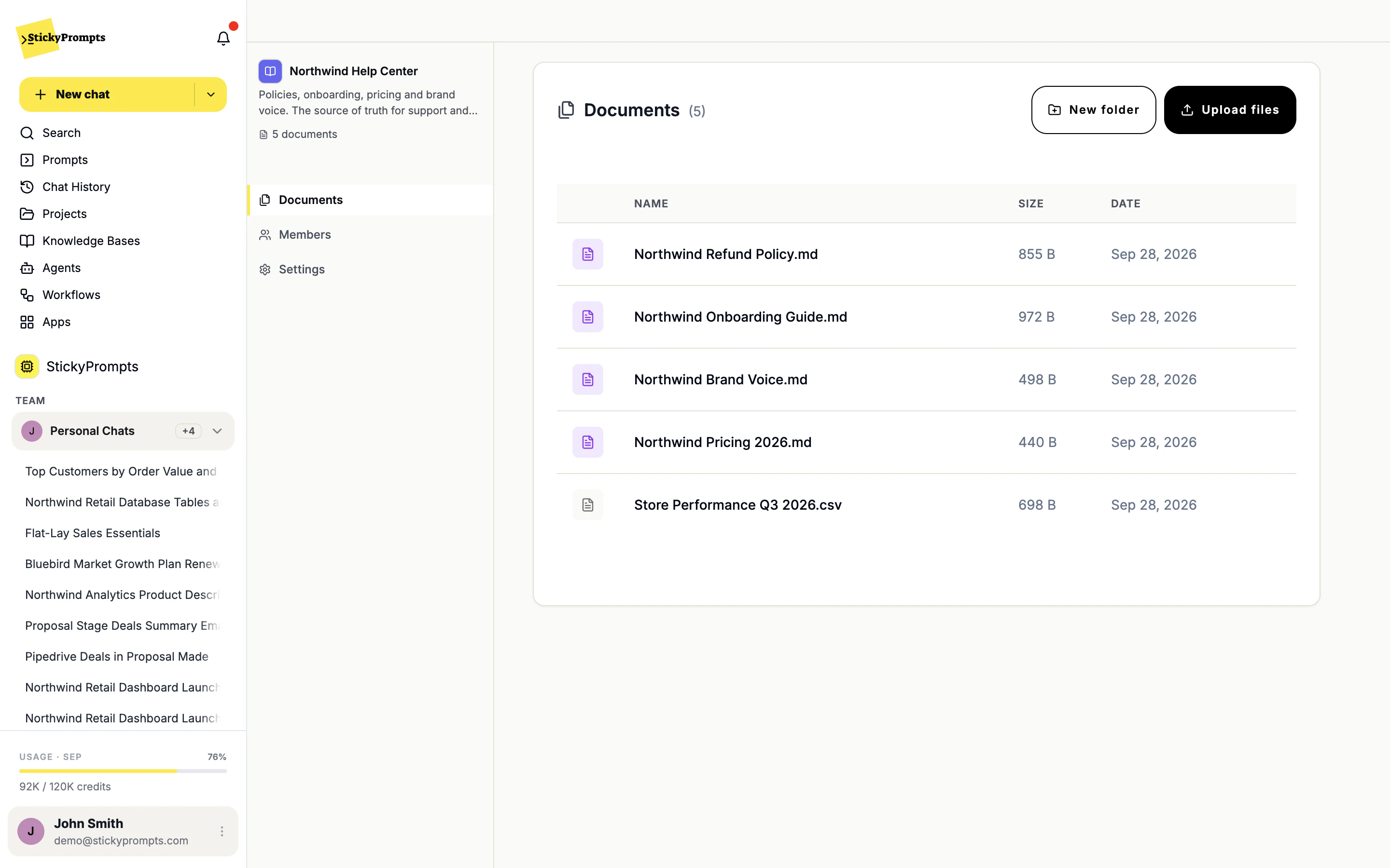 The Northwind Help Center knowledge base with five documents and the Documents, Members and Settings tabs
