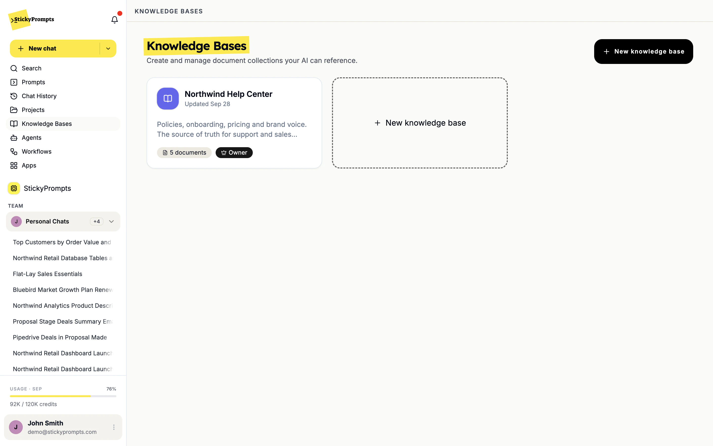 The Knowledge Bases page with the Northwind Help Center card showing 5 documents and the Owner role