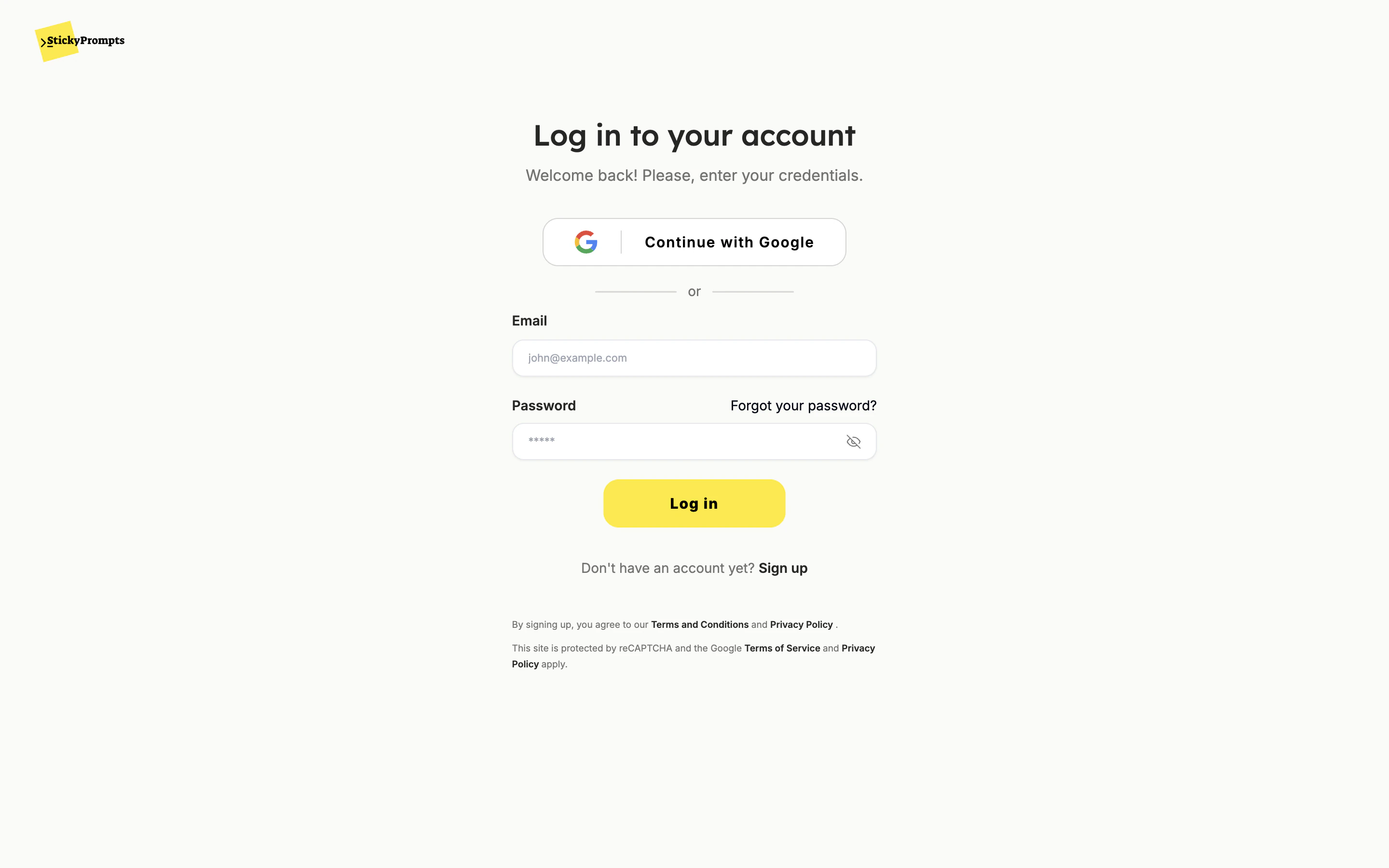 The Log in to your account page with Continue with Google, email and password fields, Forgot your password? and a Sign up link