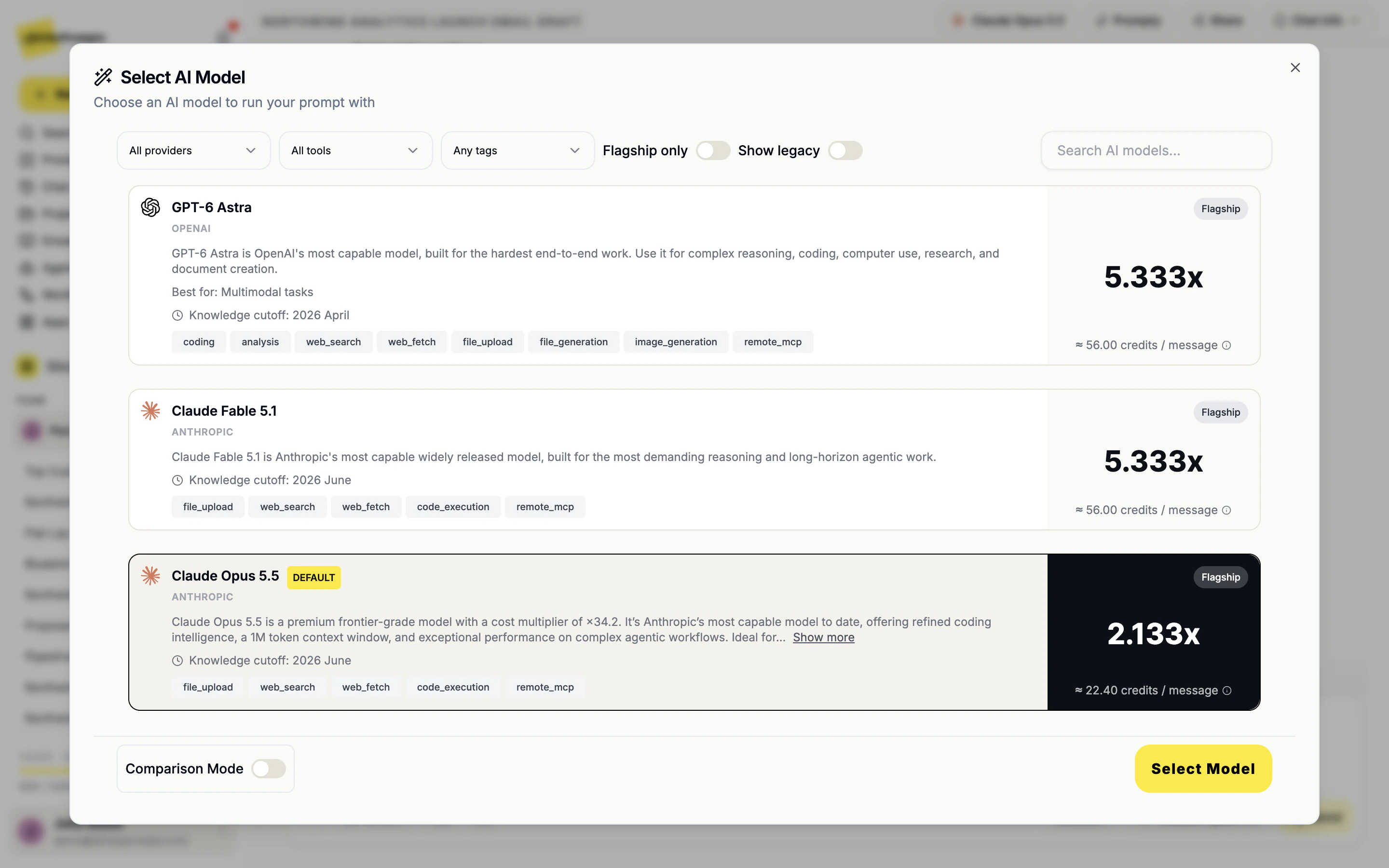 The Select AI Model dialog: provider, tool and tag filters, Flagship only and Show legacy switches, search, model cards with credit multipliers, and the Comparison Mode switch