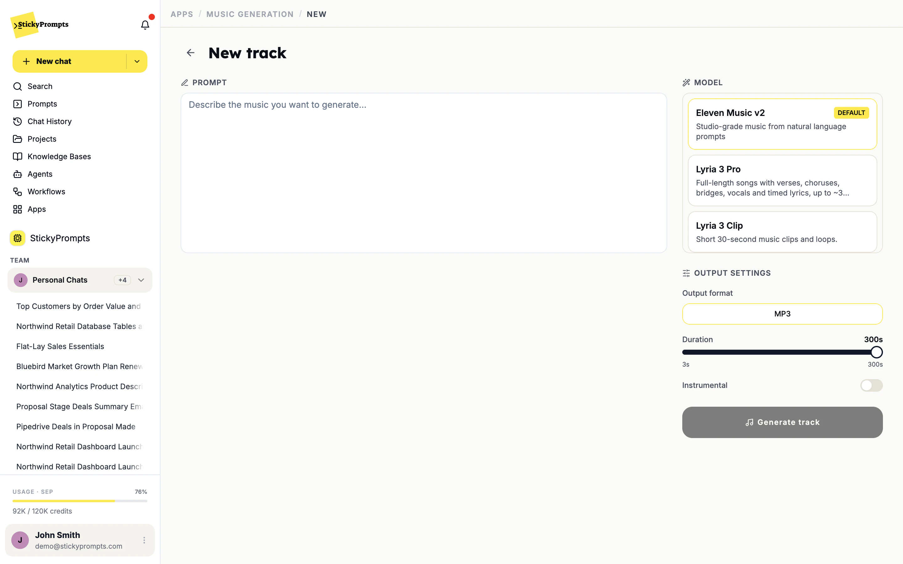 The New track screen with a prompt box, the models Eleven Music v2, Lyria 3 Pro and Lyria 3 Clip, and output settings
