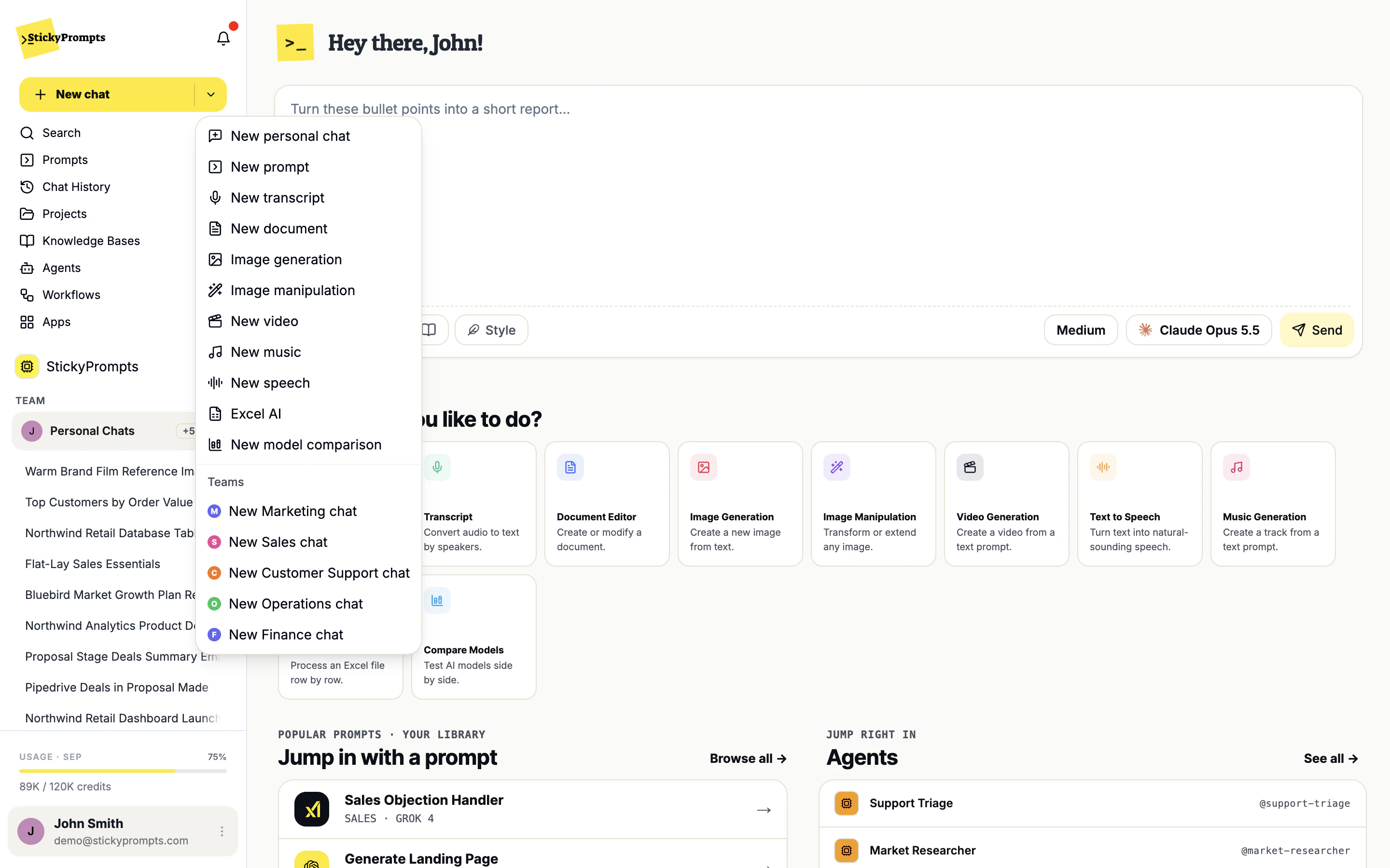 The New chat menu: New personal chat, the apps, and a Teams section with New Marketing chat, New Sales chat, New Customer Support chat, New Operations chat and New Finance chat