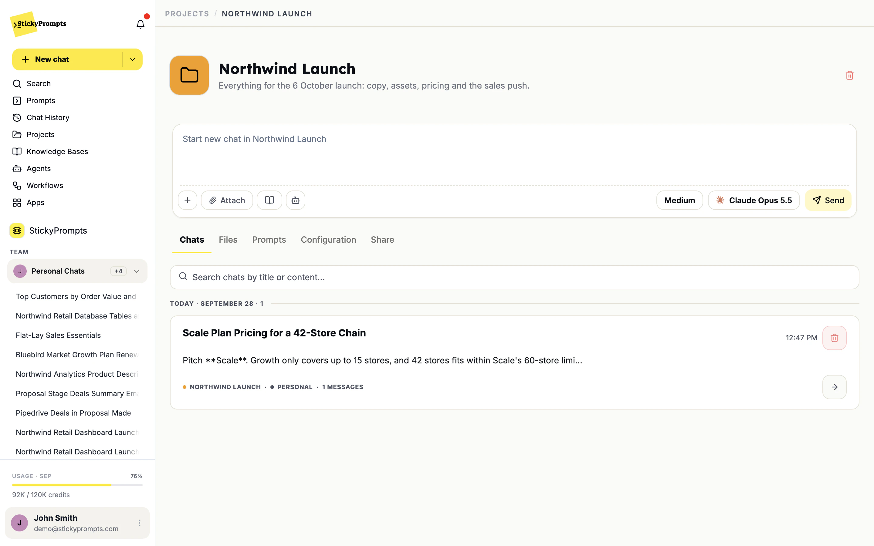 The Northwind Launch project with its own composer and the Chats, Files, Prompts, Configuration and Share tabs