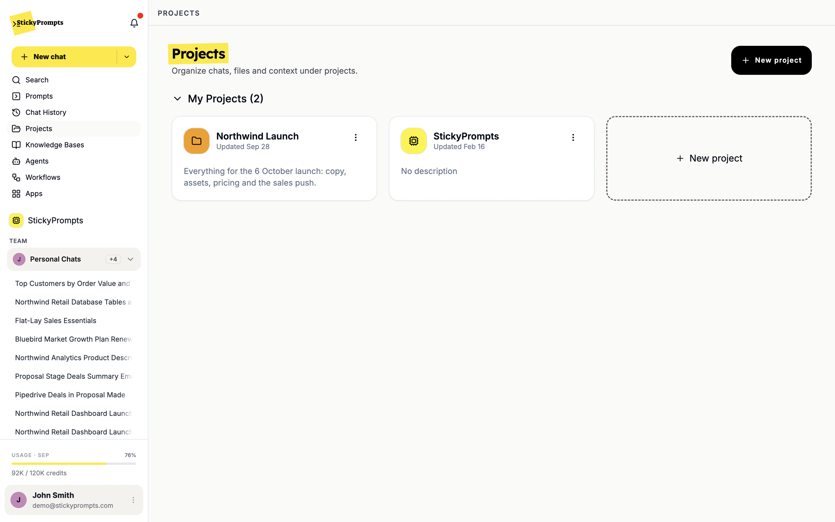 The Projects page with the Northwind Launch project card and a New project button