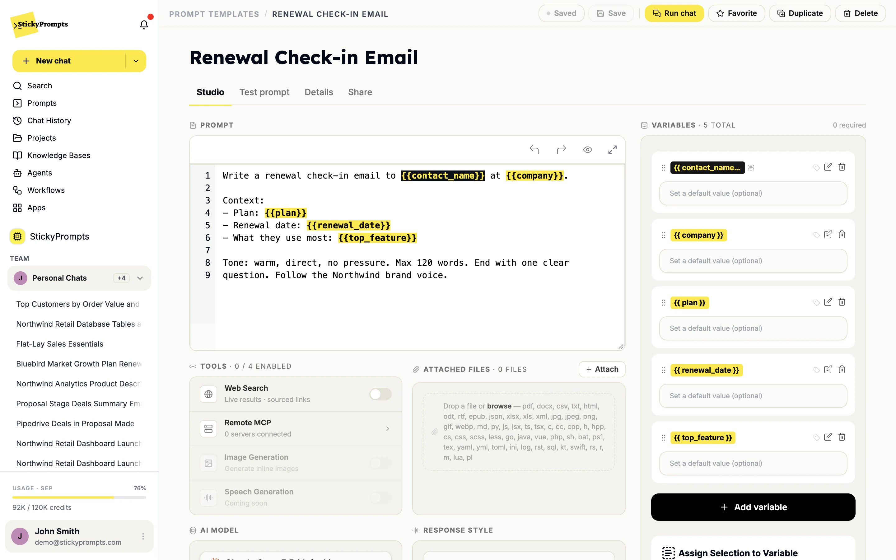 The prompt editor Studio tab with a prompt containing five variables, tools, attached files and the variables panel