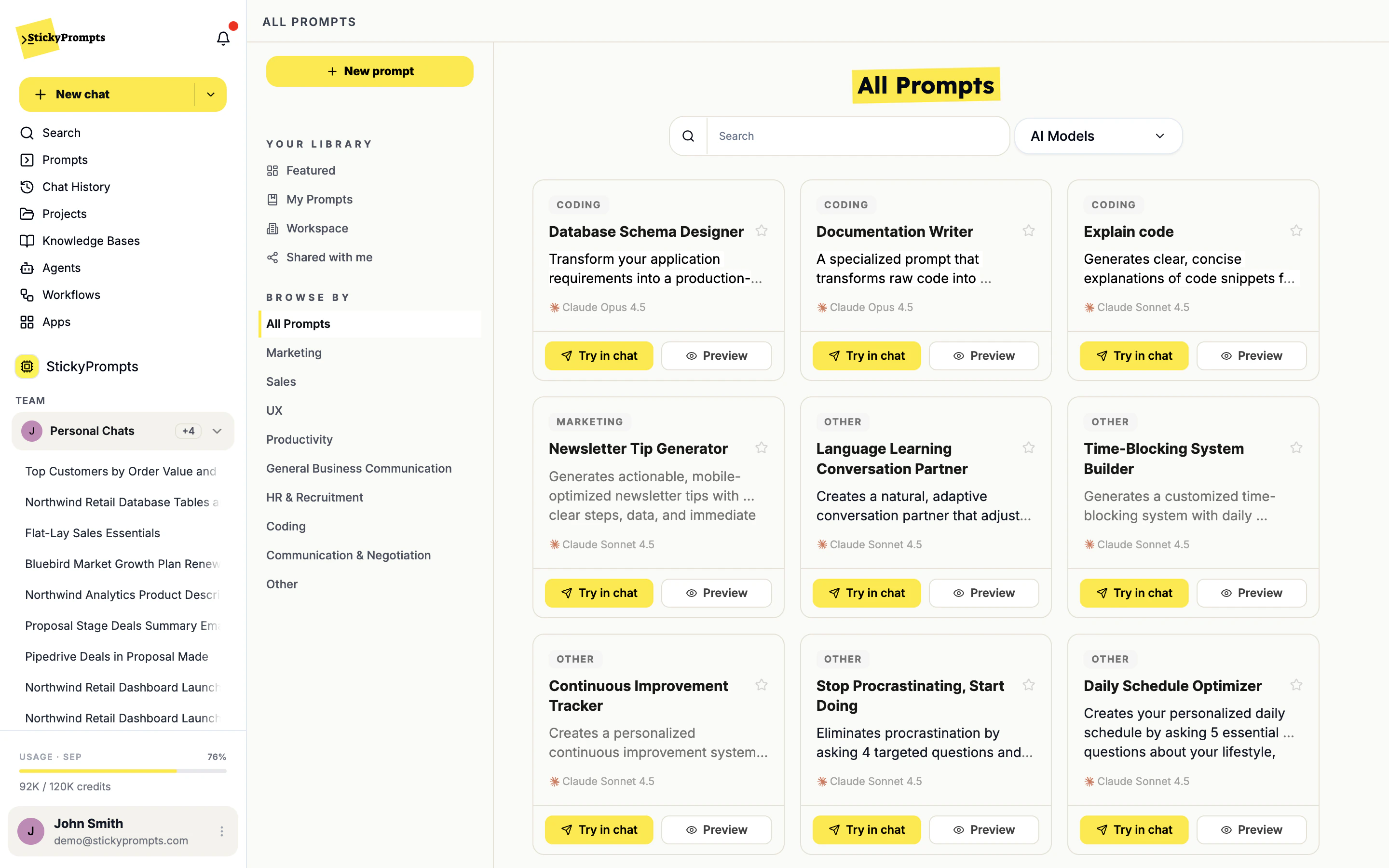 The prompt library with Your library scopes, Browse by categories and prompt cards with Try in chat and Preview