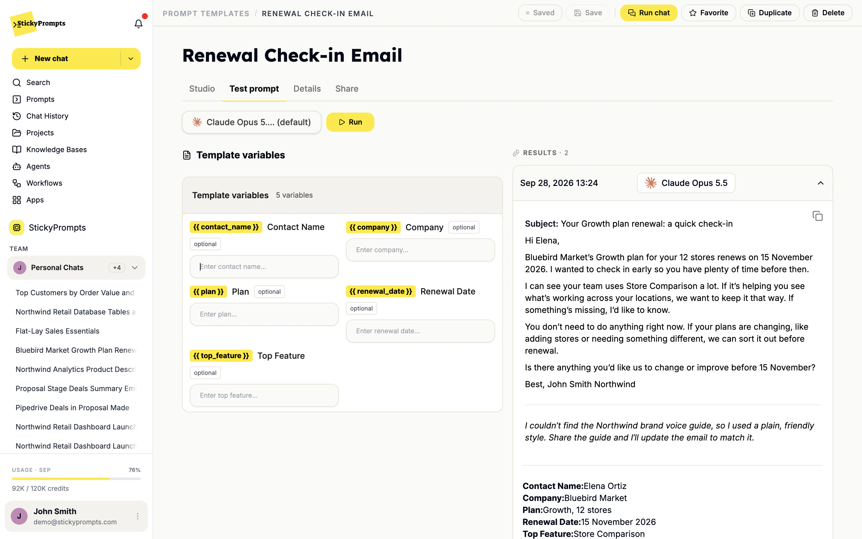 The Test prompt tab with inputs for the five template variables and a result email to Elena Ortiz at Bluebird Market