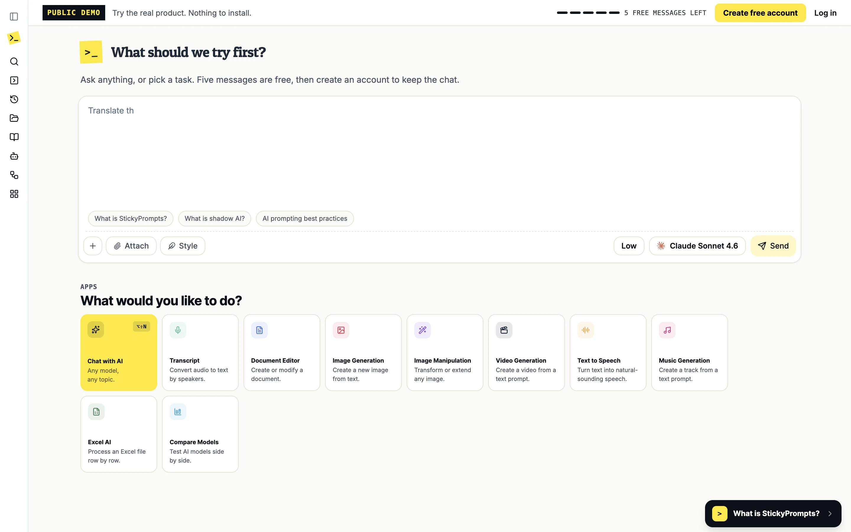 The public demo: a PUBLIC DEMO bar with 5 free messages left, the composer with suggested questions, and the apps grid