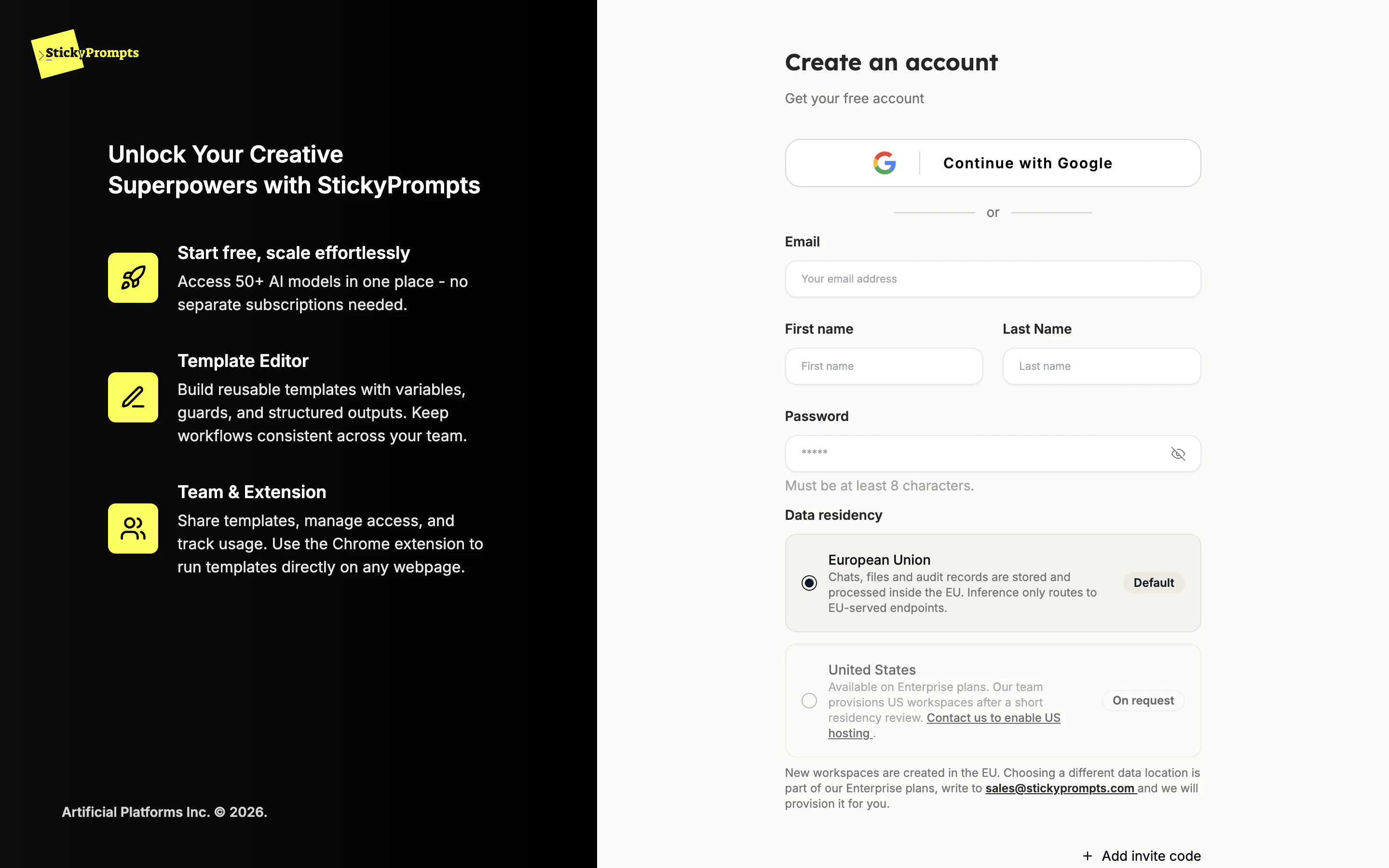 The Create an account form: Continue with Google, email, first and last name, password, and the Data residency choice with European Union as the default