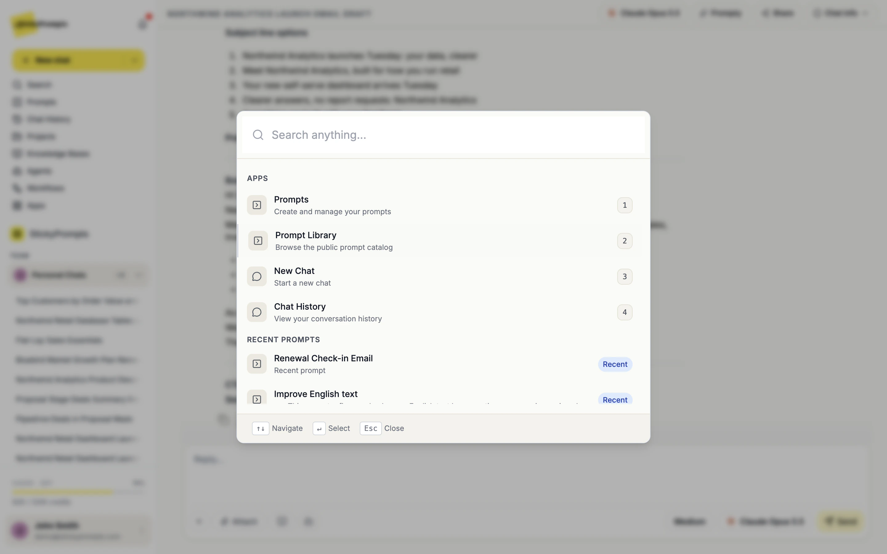 The search palette open over a chat, with Apps shortcuts and recent prompts