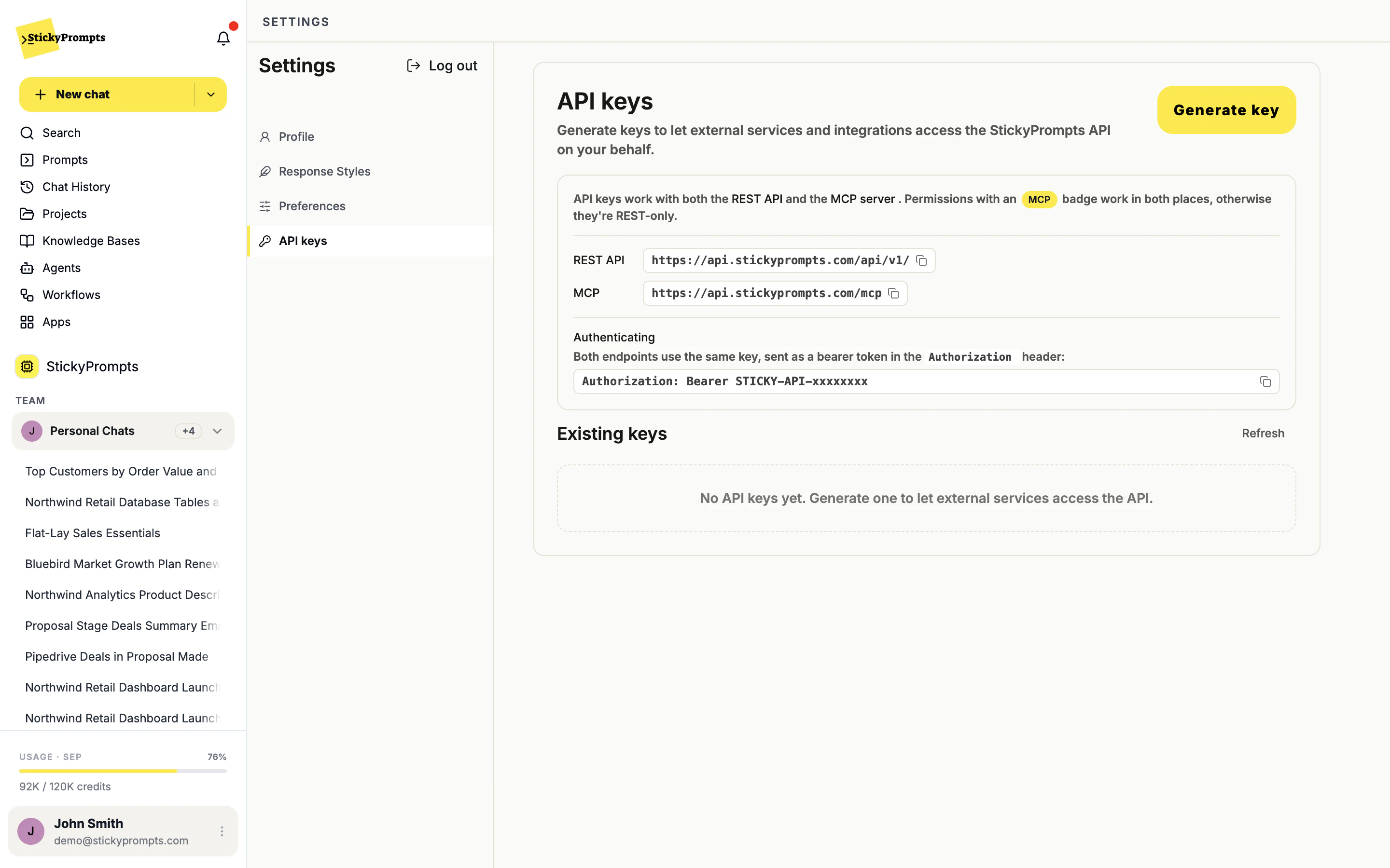 Settings > API keys with the Generate key button, the REST API and MCP URLs and the Authorization header