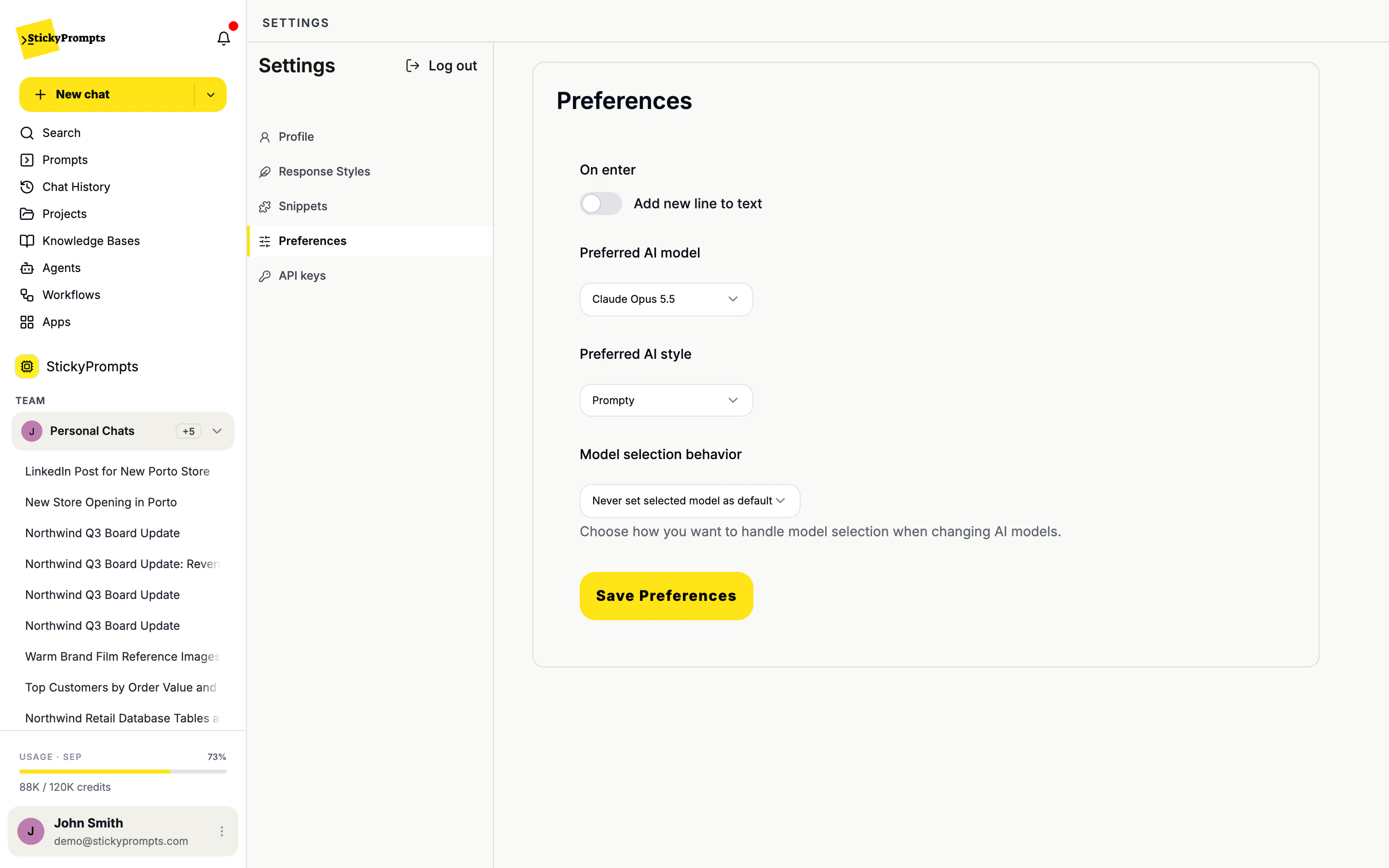 Settings > Preferences: On enter with Add new line to text switched off, Preferred AI model set to Claude Opus 5.5, Preferred AI style set to Prompty, Model selection behavior and Save Preferences