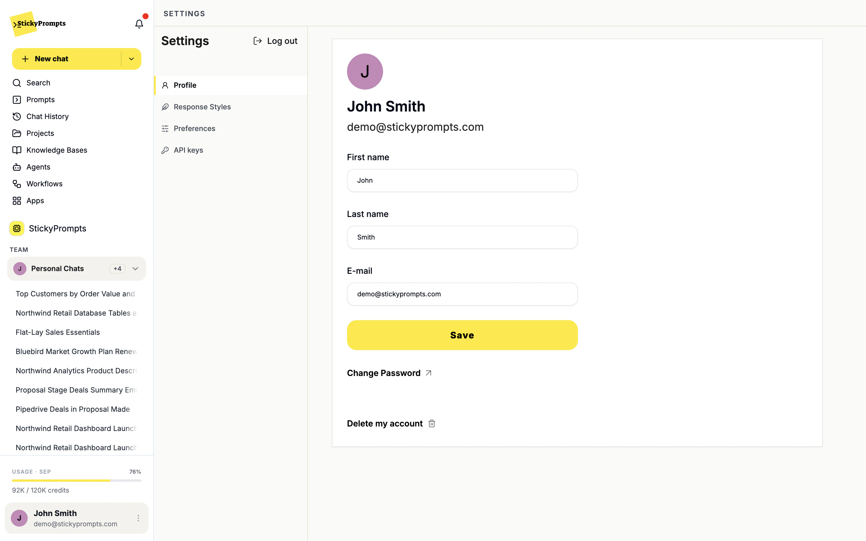 Settings > Profile for John Smith: first name, last name, e-mail, Save, Change Password and Delete my account, with Log out at the top