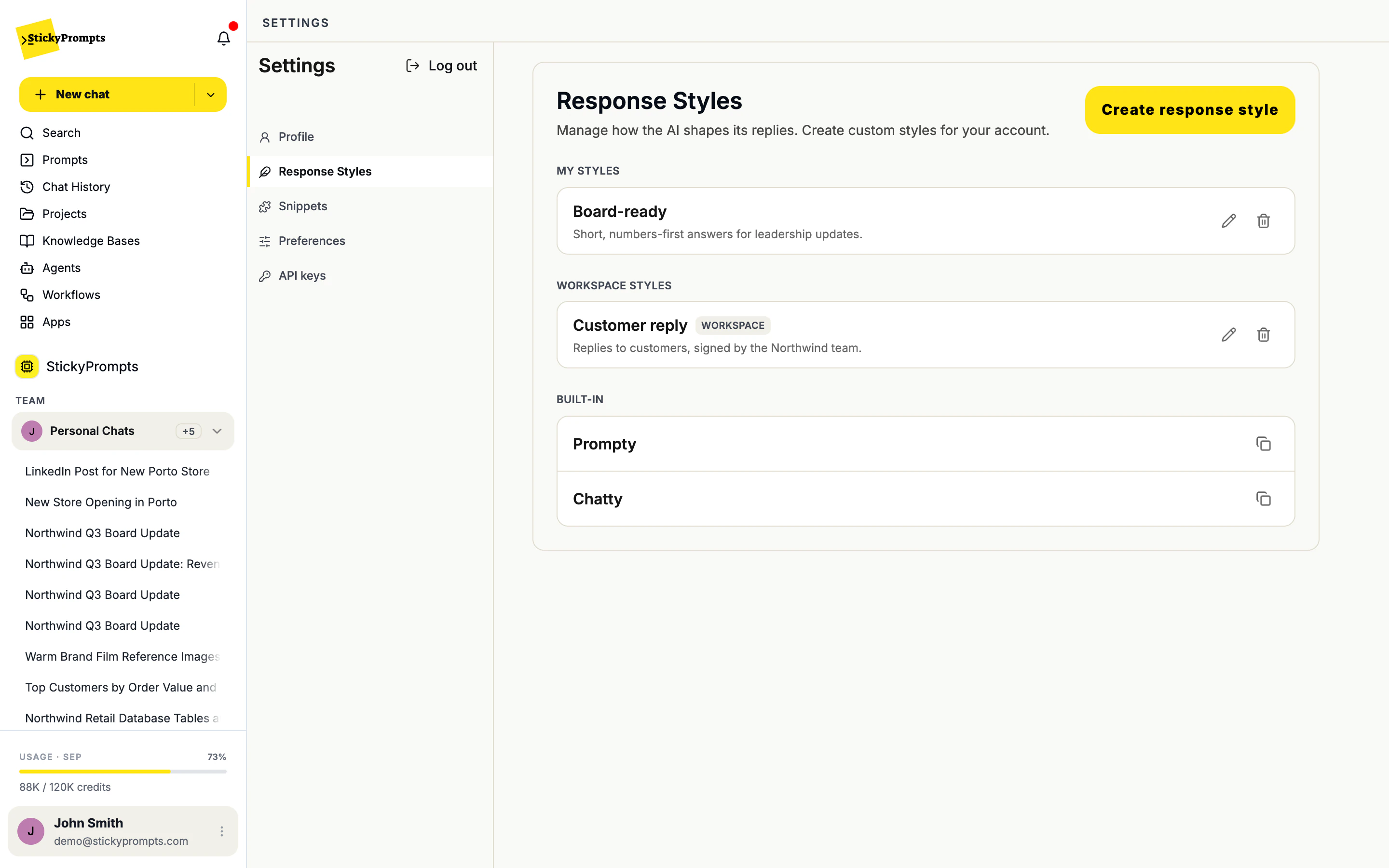 Settings > Response Styles: Board-ready under MY STYLES and Customer reply under WORKSPACE STYLES, both with edit and delete icons, and Prompty and Chatty under BUILT-IN with copy icons