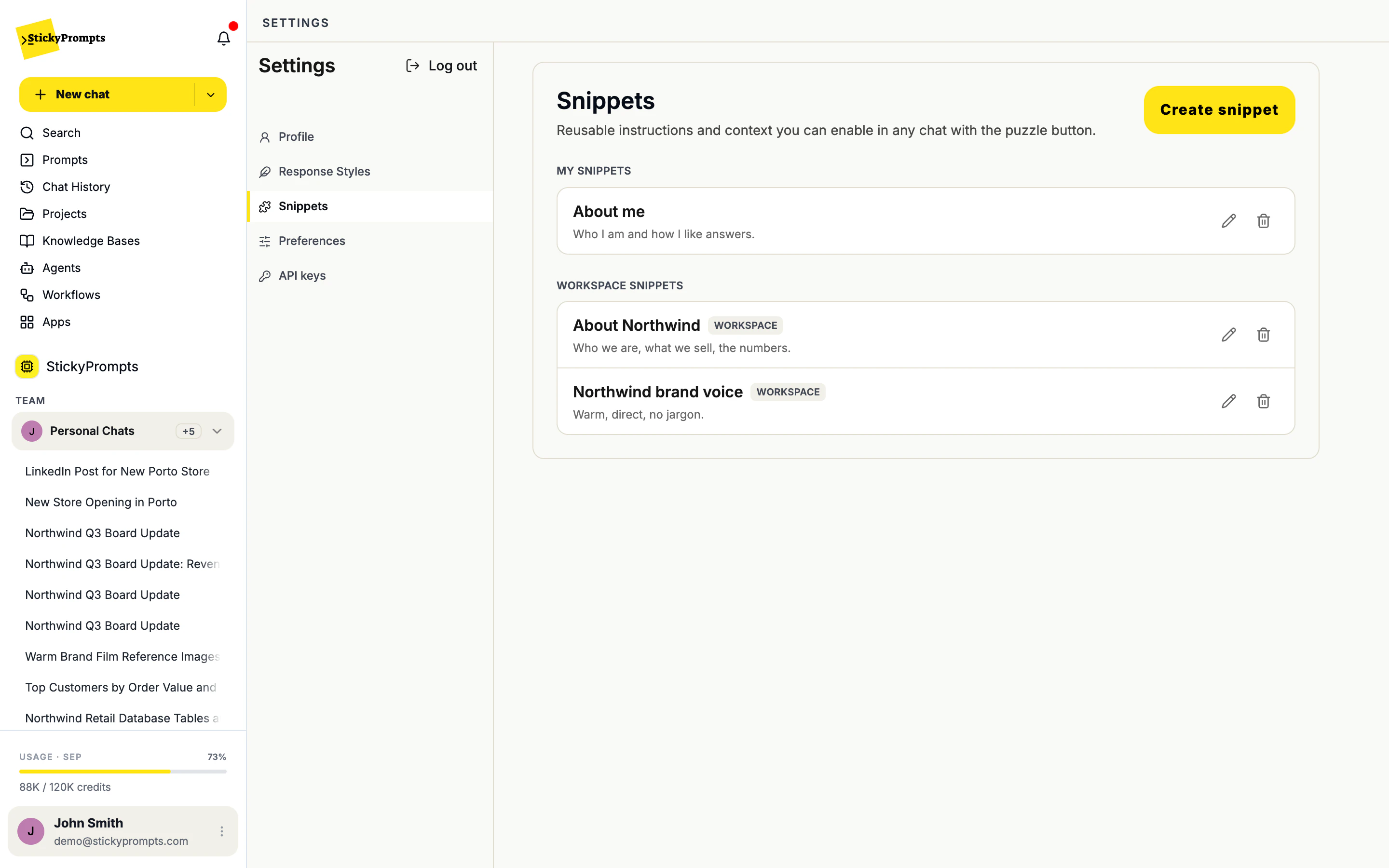 The Settings page with its five sections on the left: Profile, Response Styles, Snippets, Preferences and API keys, with Snippets open