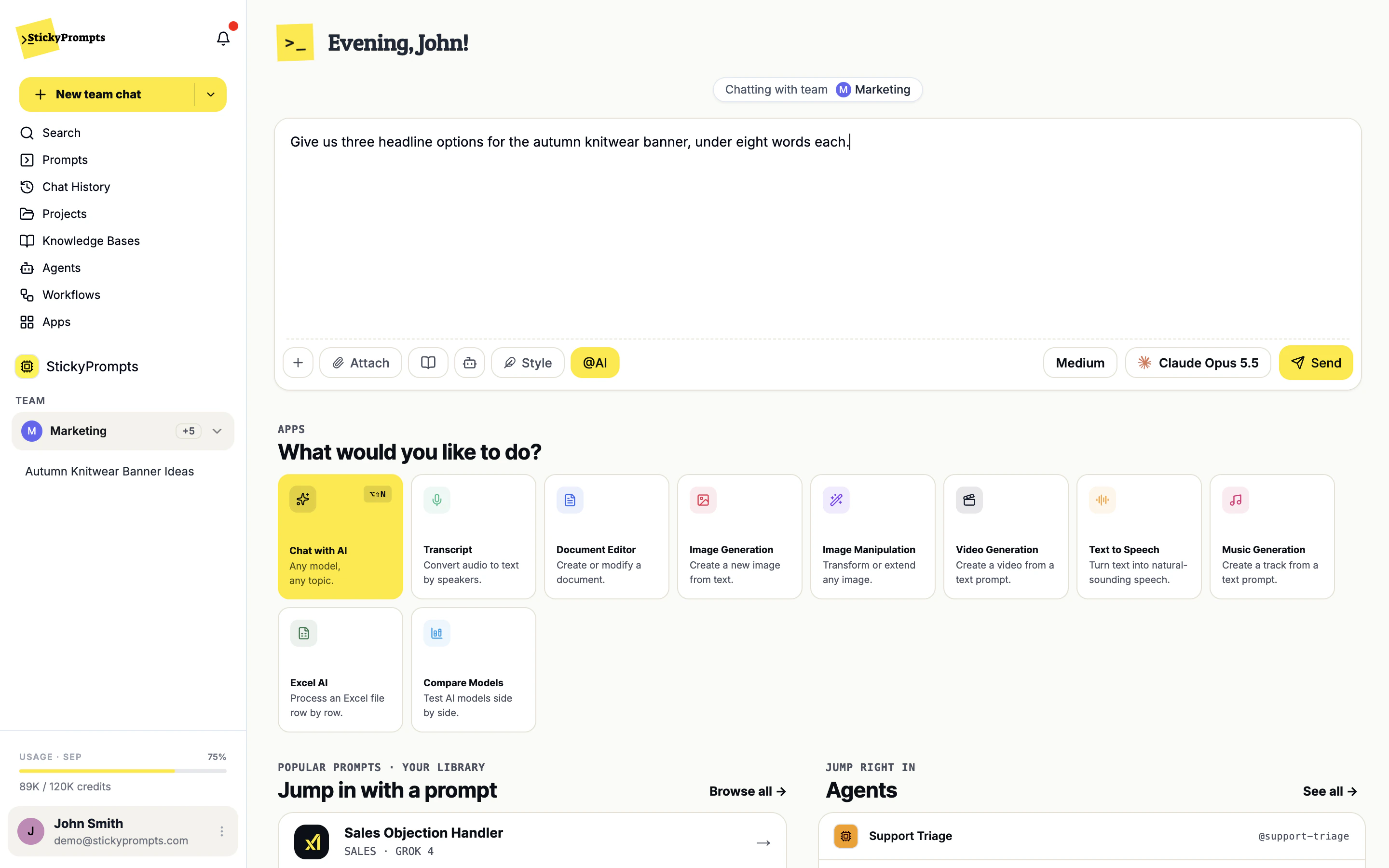 A Marketing team chat with the @AI button switched on (yellow) and a request for three headline options