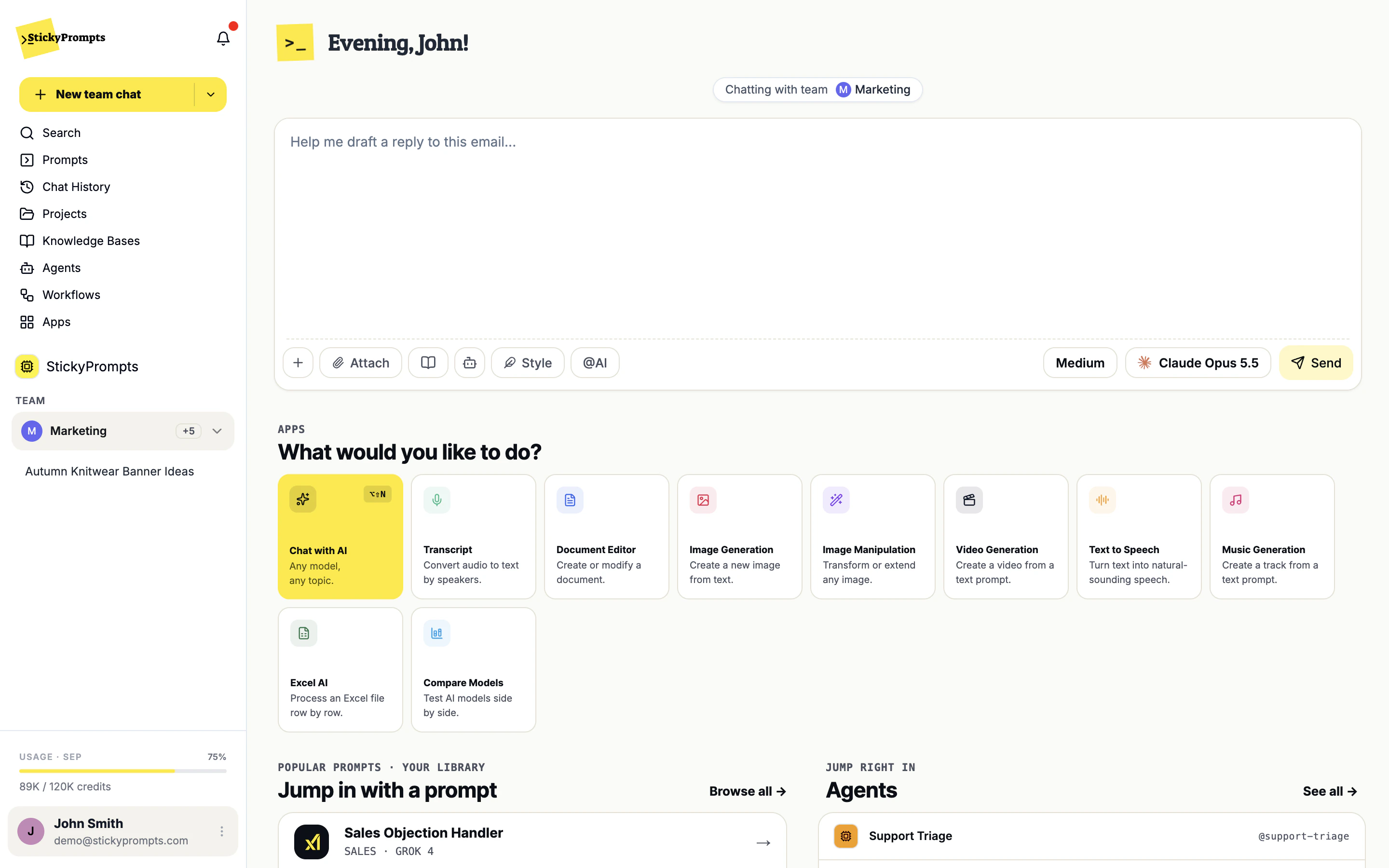 A new team chat: the New team chat button in the sidebar and the Chatting with team Marketing pill above the composer
