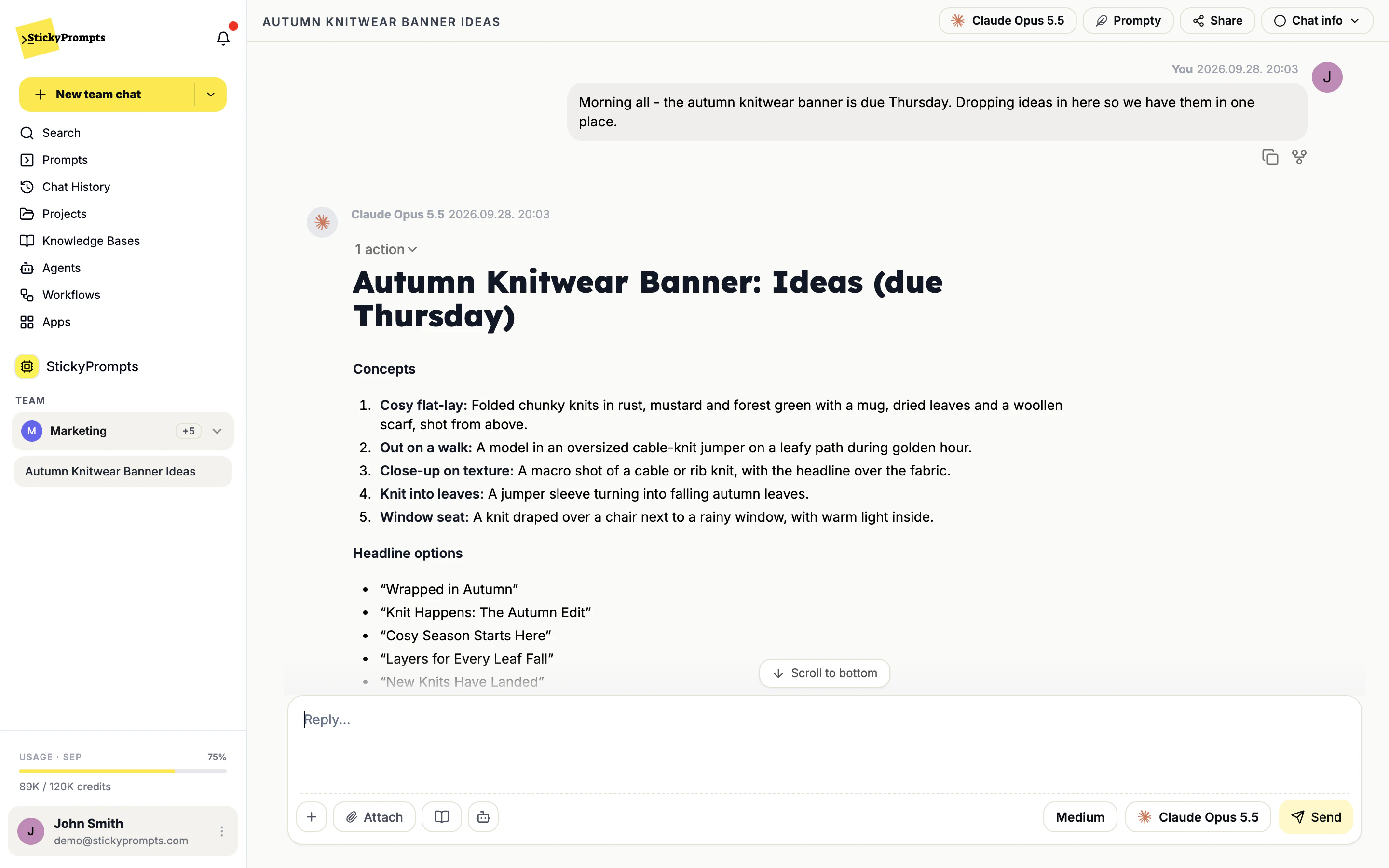 The Autumn Knitwear Banner Ideas chat in the Marketing team: a message about the Thursday deadline and Claude Opus 5.5's answer with concepts and headline options