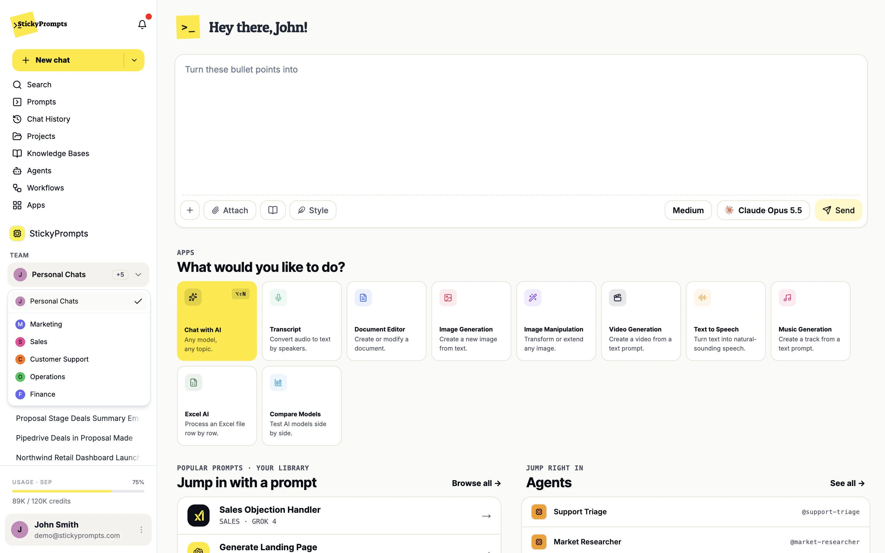 The TEAM switcher open, listing Personal Chats (ticked) and the teams Marketing, Sales, Customer Support, Operations and Finance