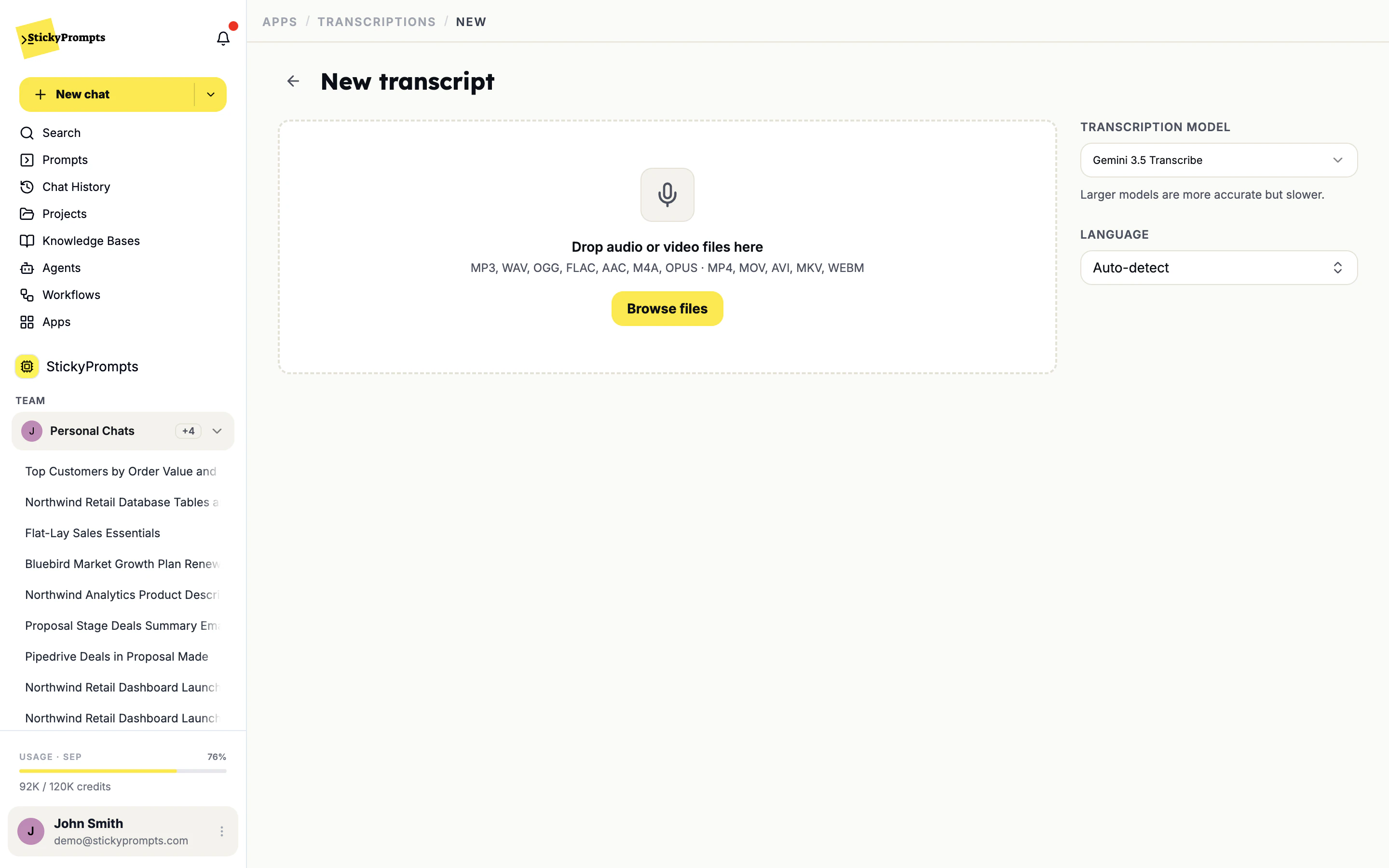 The New transcript screen with the drop zone, supported formats, transcription model and language