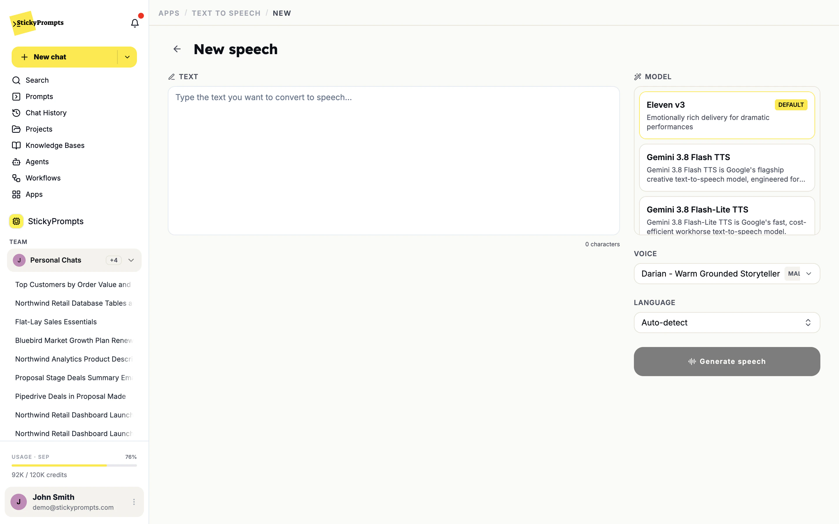 The New speech screen with a text box and character count, the models, voice, language and Generate speech