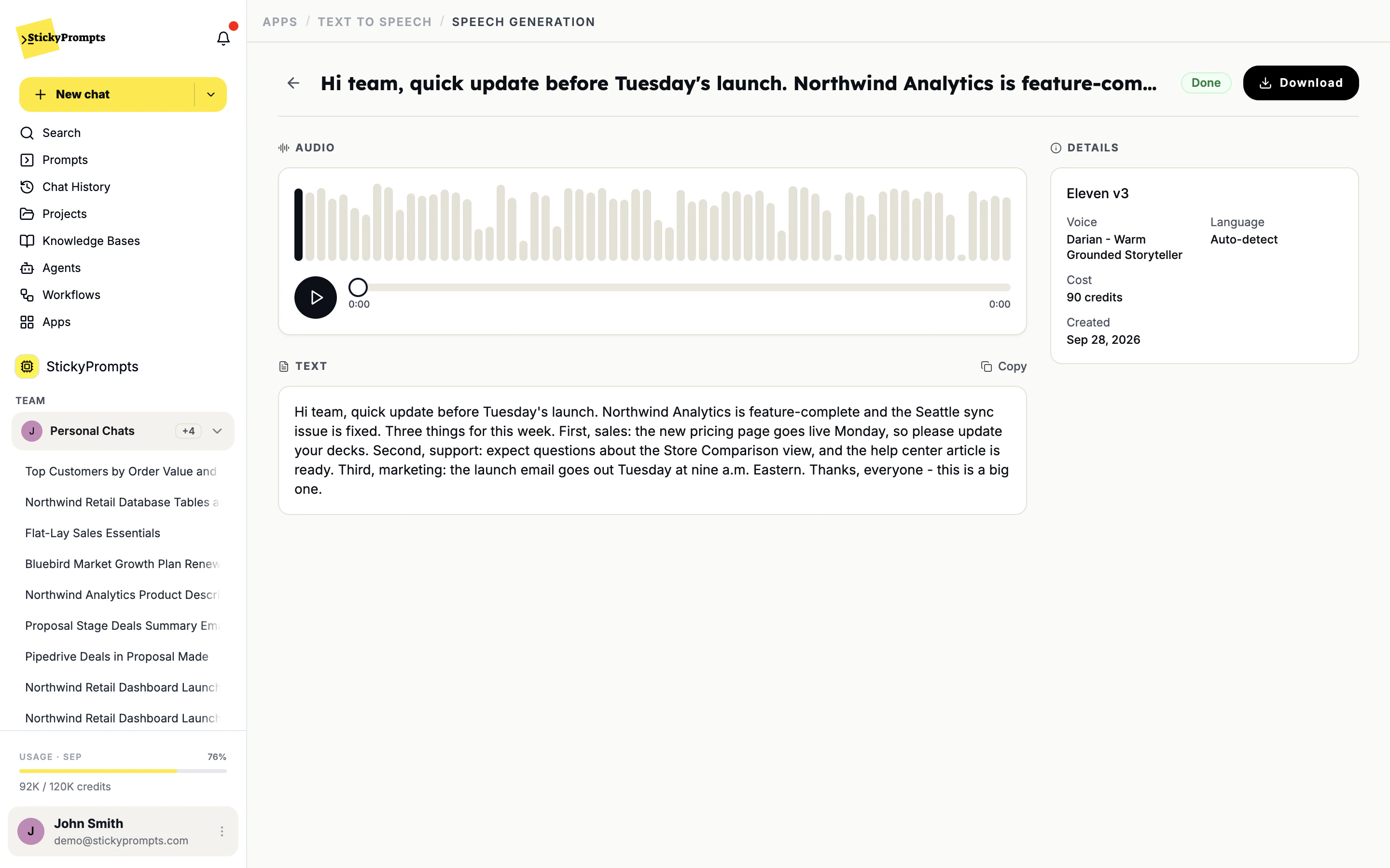 Generated speech of a launch update read by the Darian voice with Eleven v3, with player, text and details